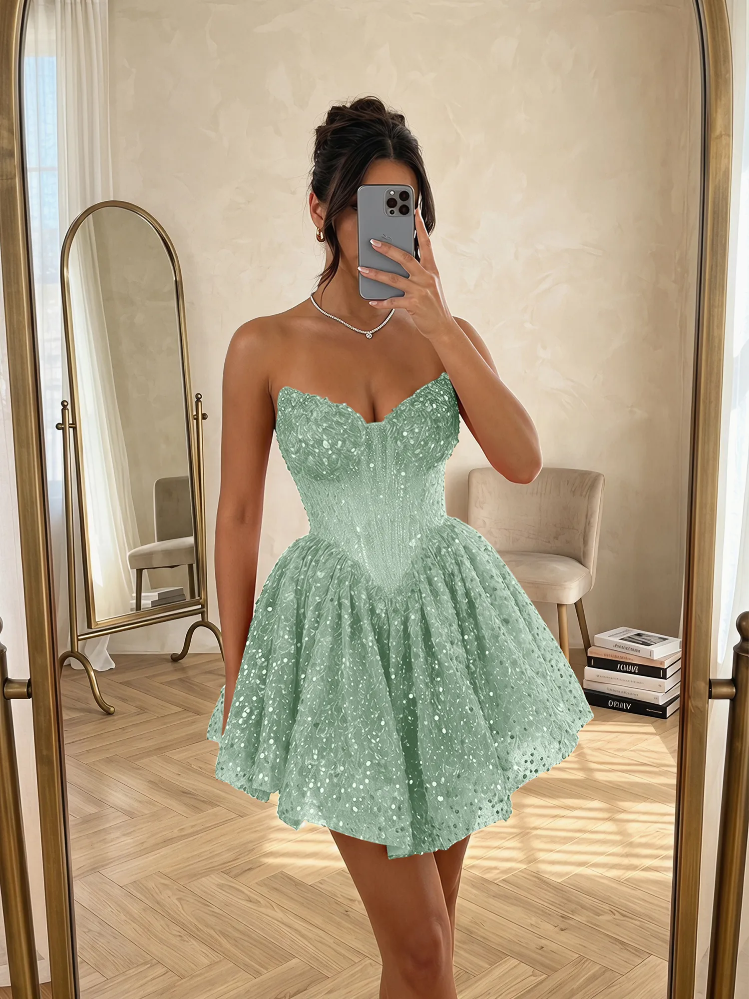 Strapless Sequin Pearl Corset Homecoming Dress with Lace-Up Back