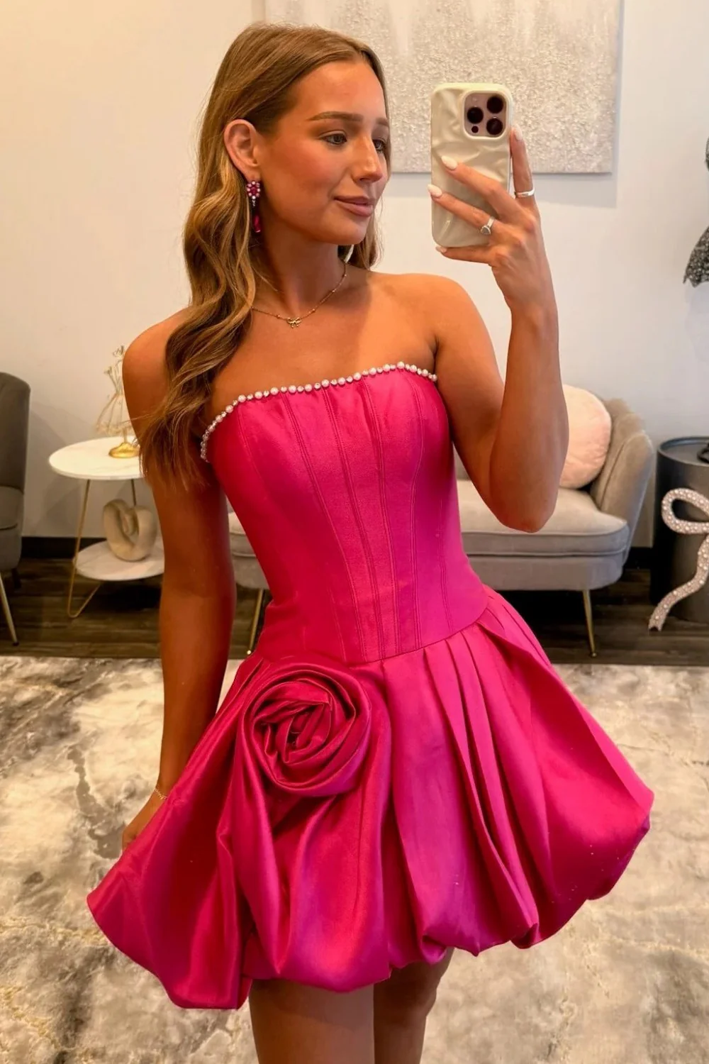 Bold Hot Pink Satin Pearl-Trimmed Corset Homecoming Dress