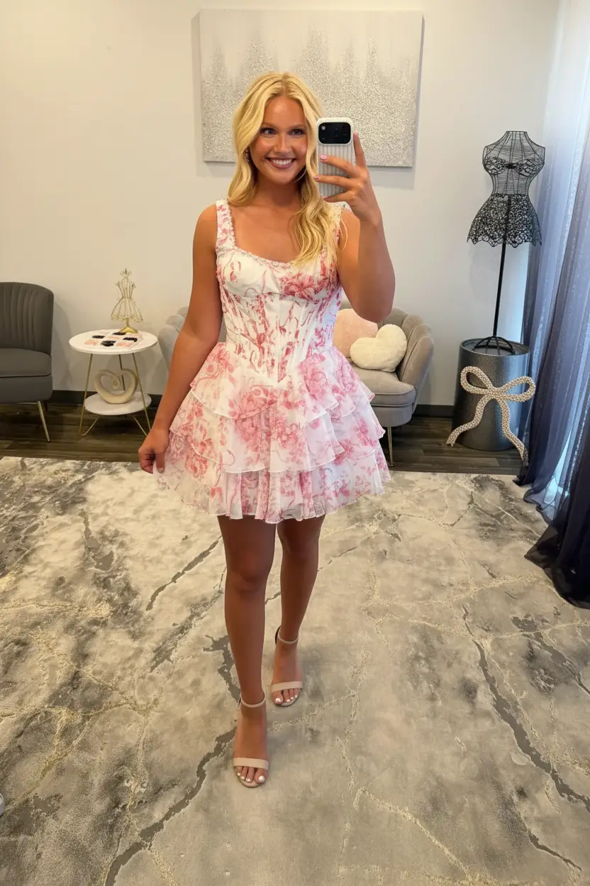 Chic Light Blue Floral Corset Ruffle Square Neckline Homecoming Dresses