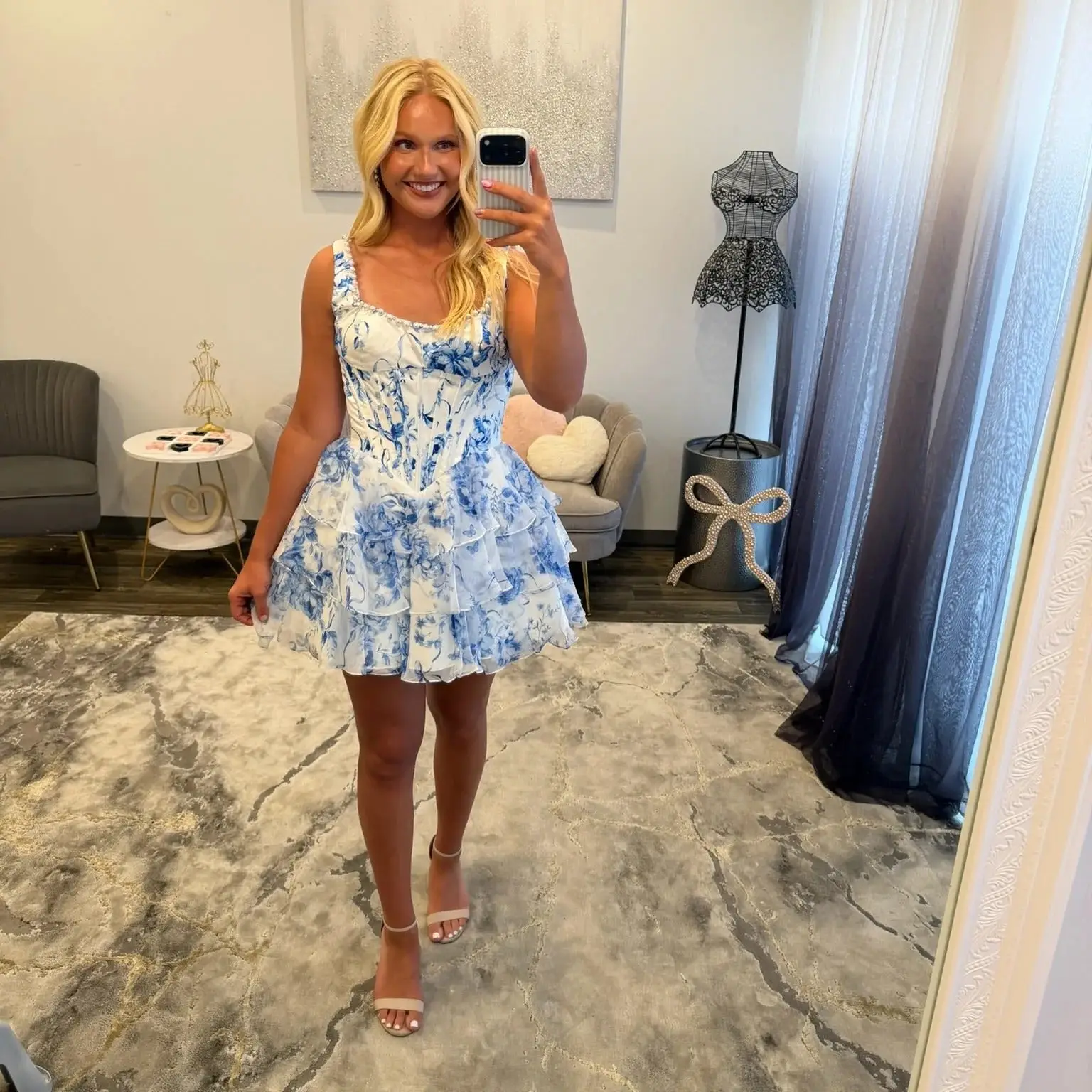 Chic Light Blue Floral Corset Ruffle Square Neckline Homecoming Dresses