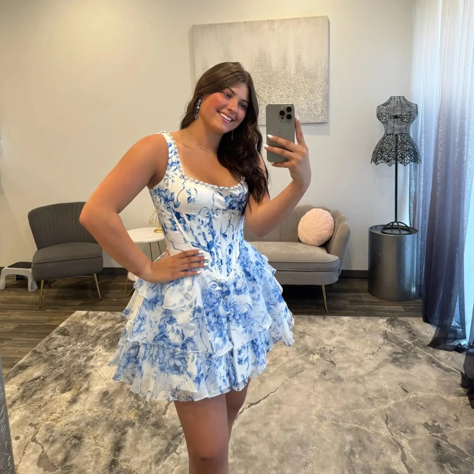 Chic Light Blue Floral Corset Ruffle Square Neckline Homecoming Dresses