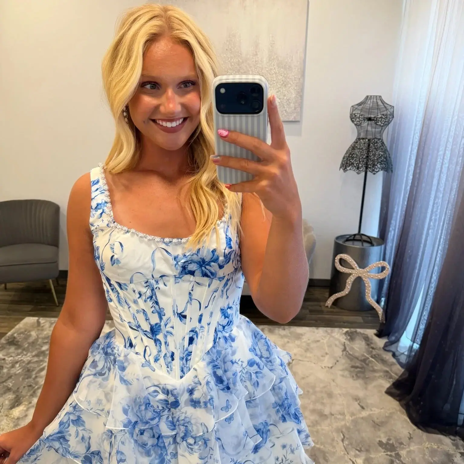 Chic Light Blue Floral Corset Ruffle Square Neckline Homecoming Dresses