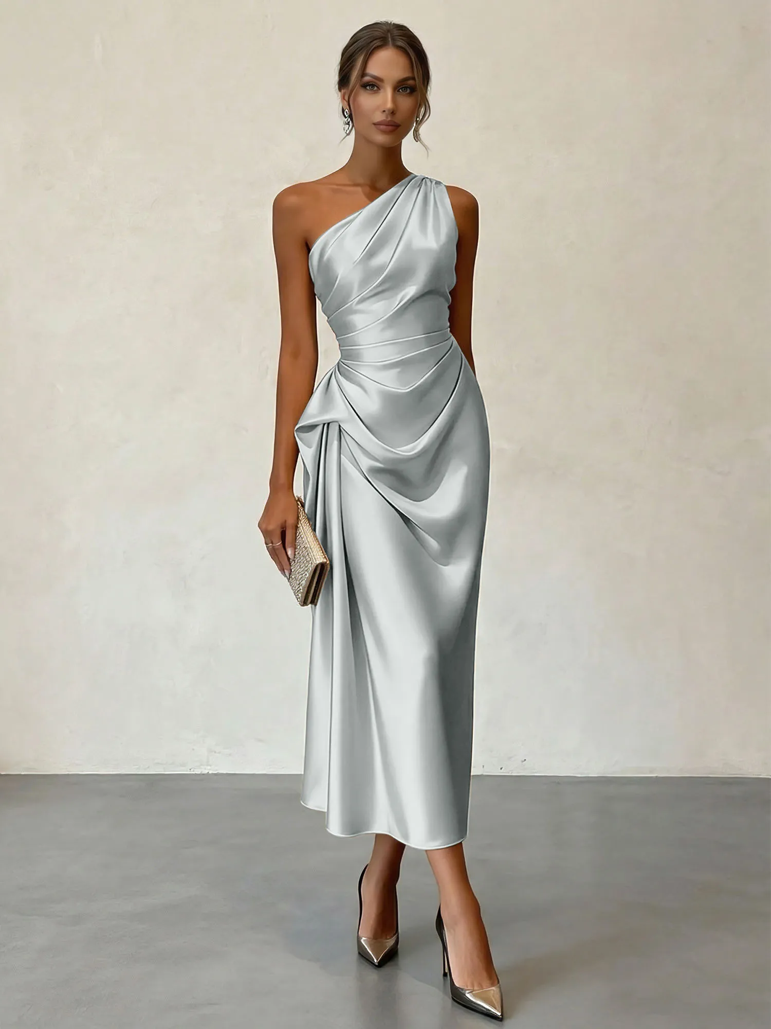 One-Shoulder Ruched Satin Midi Evening Dress with Draped Detail