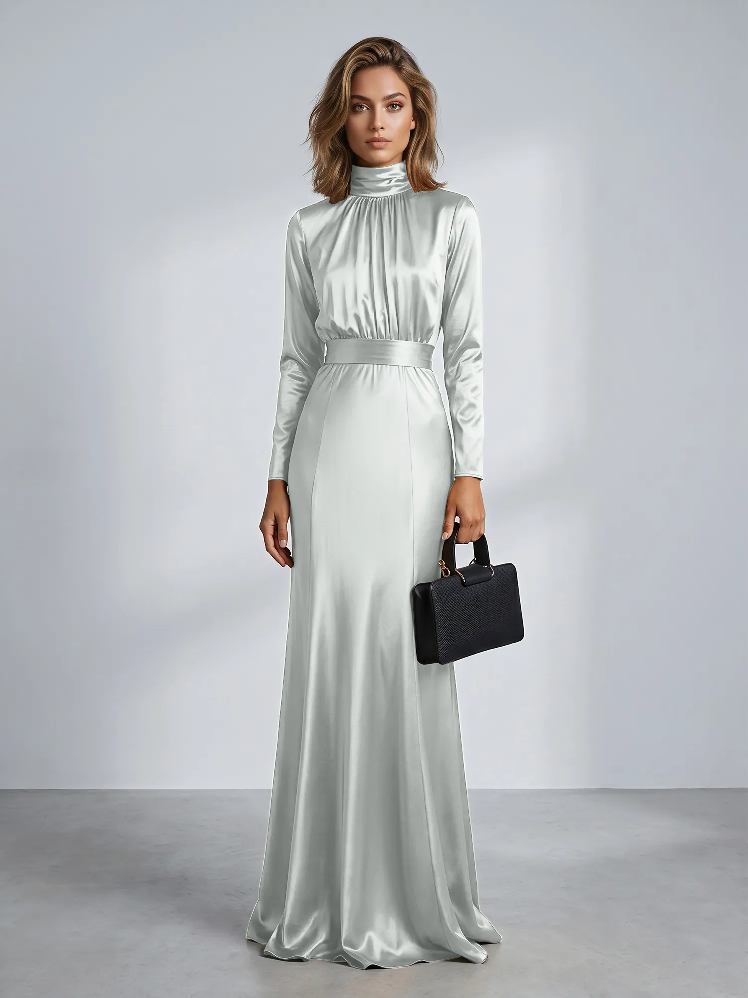 High Neck Long Sleeve Satin Mermaid Evening Gown with Waist Sash