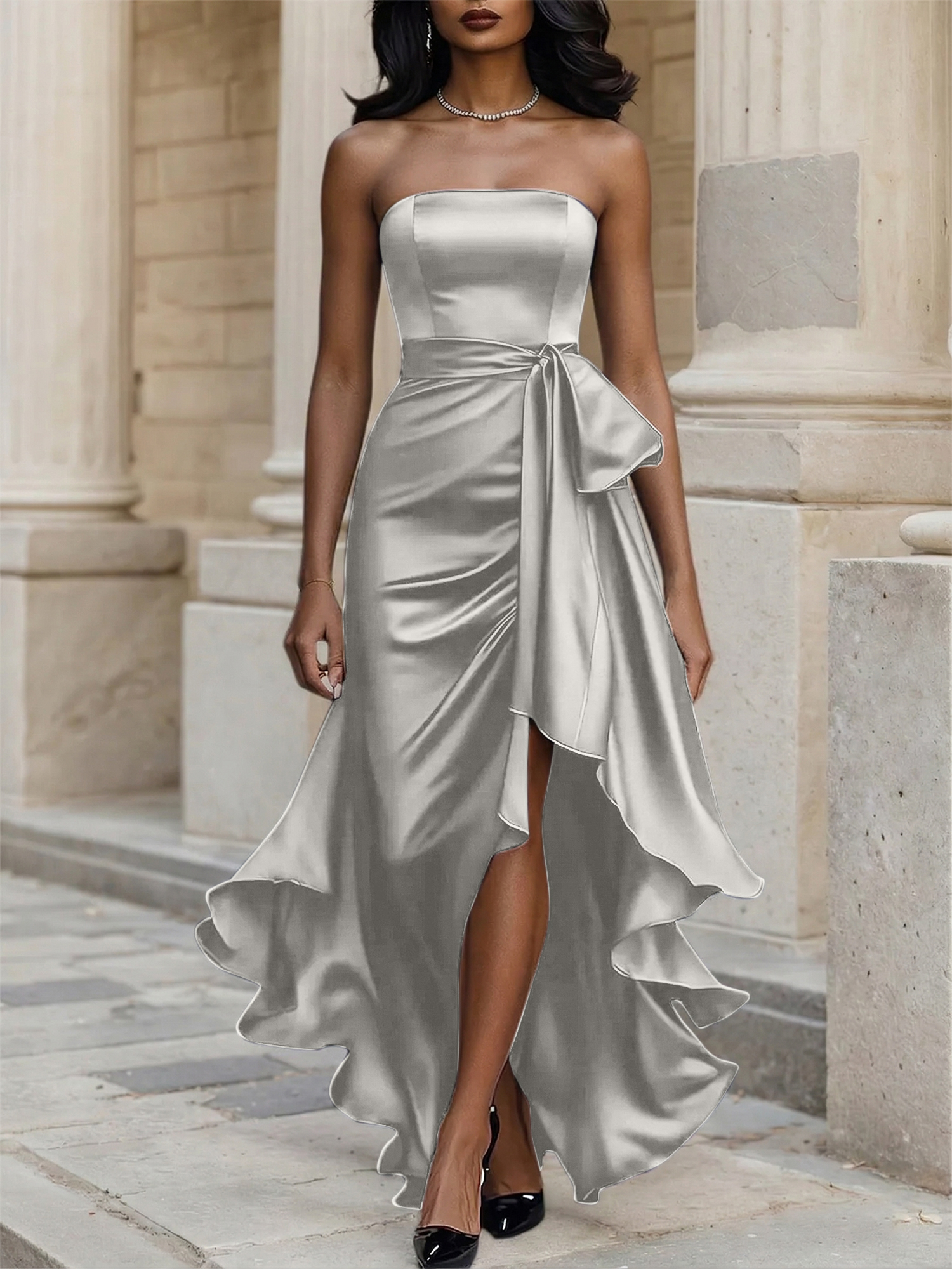 Glamorous Formal Dress Midnight Navy Strapless High-Low Satin Gown Midi Dress
