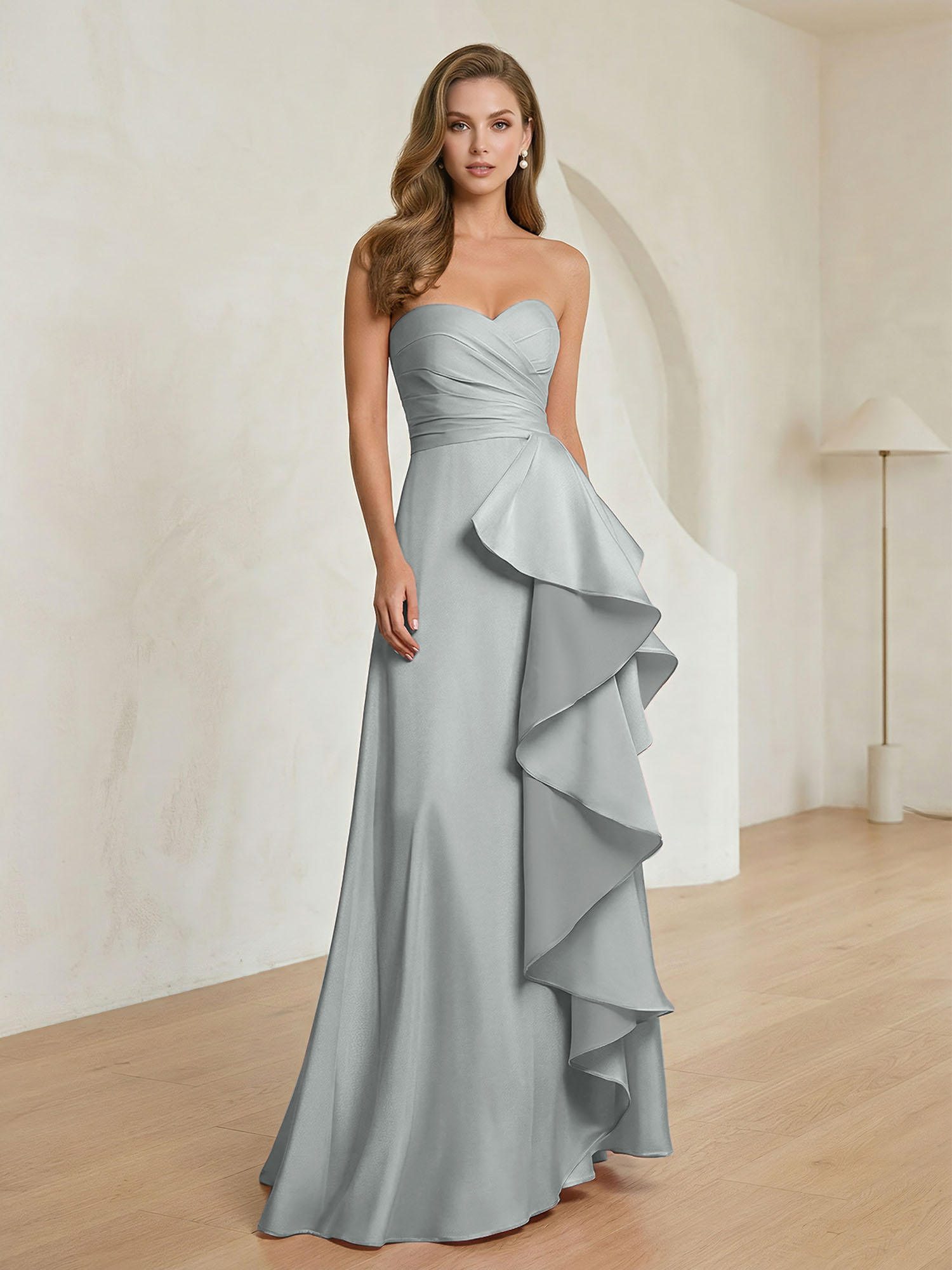 Formal Evening Dress Blush Strapless Ruffle Maxi Dress Gown