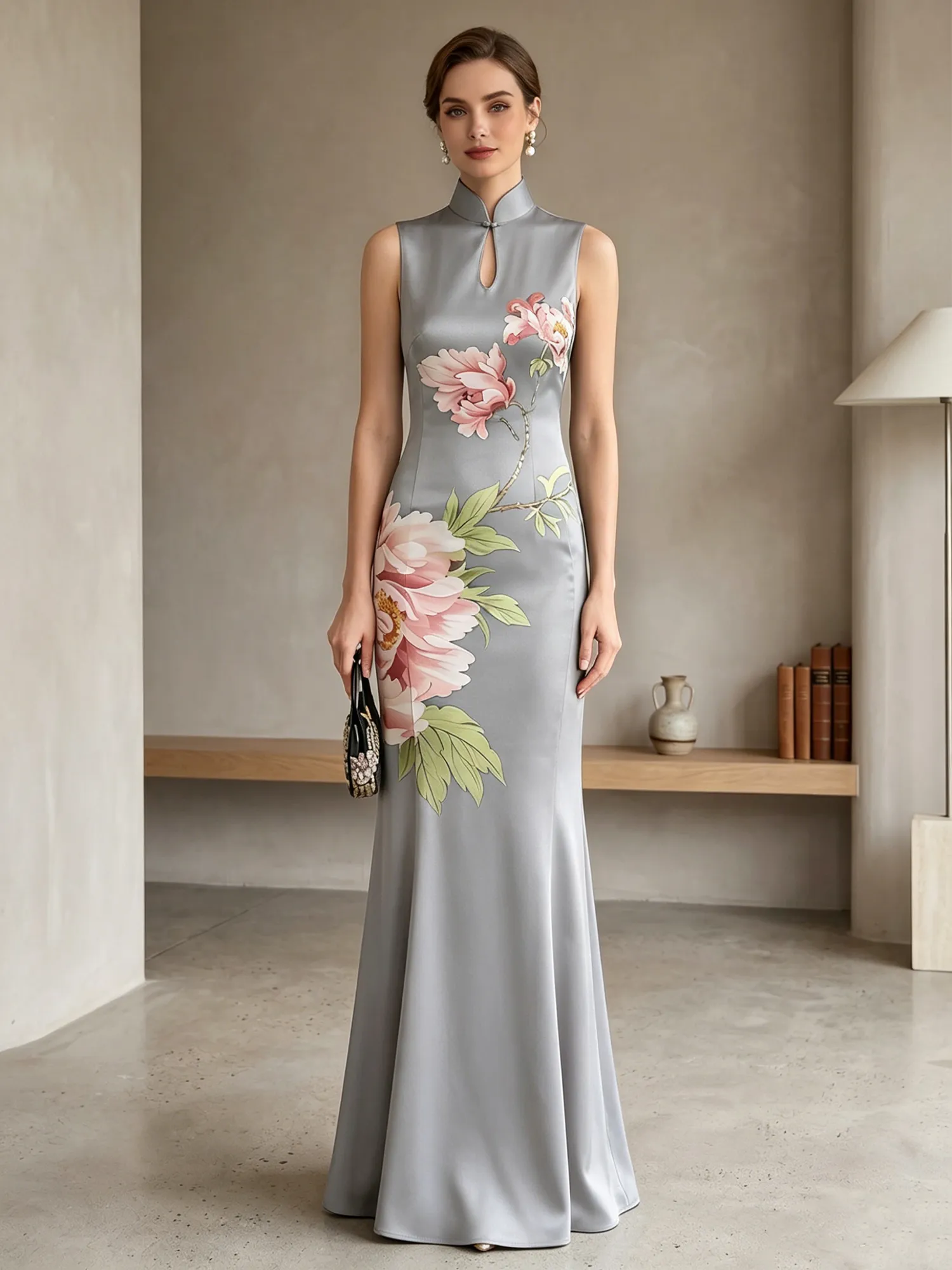 Satin Qipao-Inspired Floral Mermaid Evening Gown