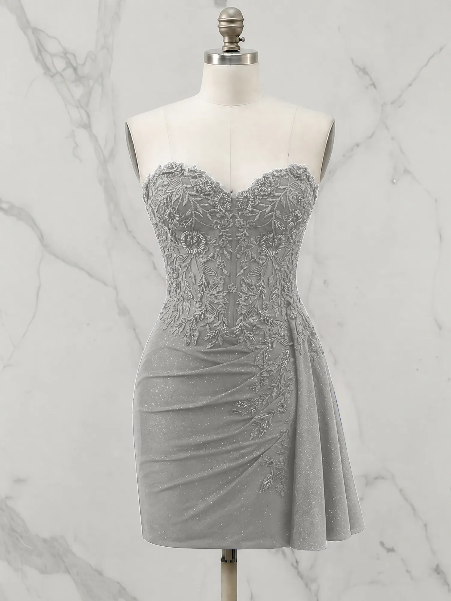 Strapless Lace Appliqué Glitter Homecoming Dress with Side Drape