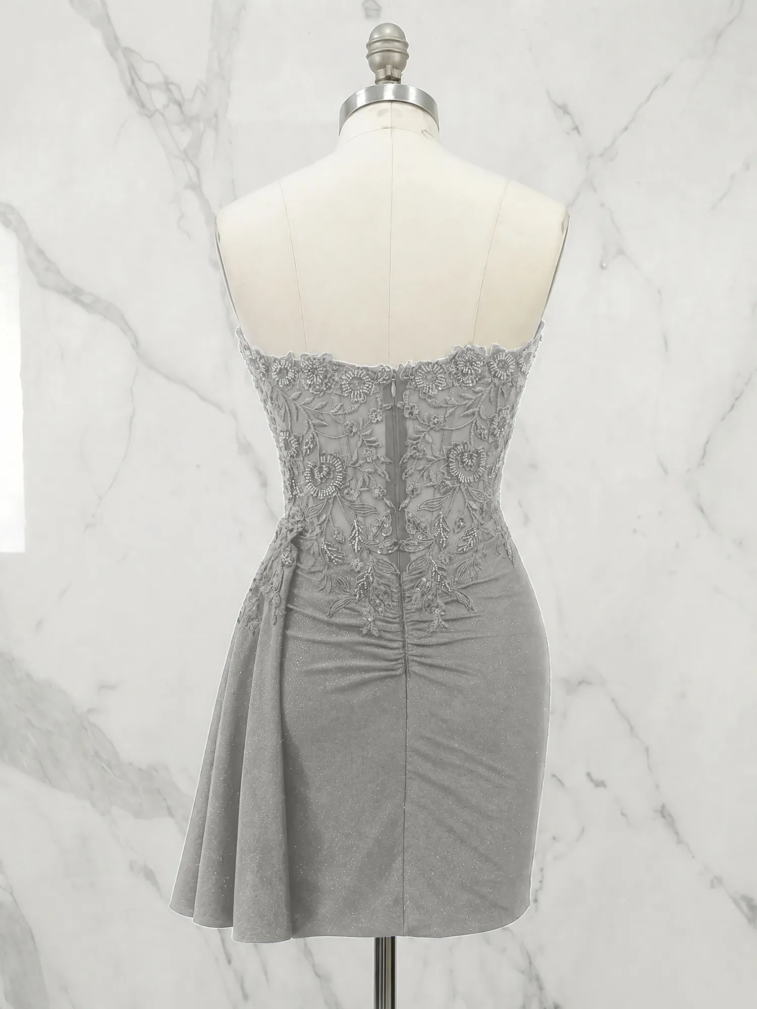 Strapless Lace Appliqué Glitter Homecoming Dress with Side Drape