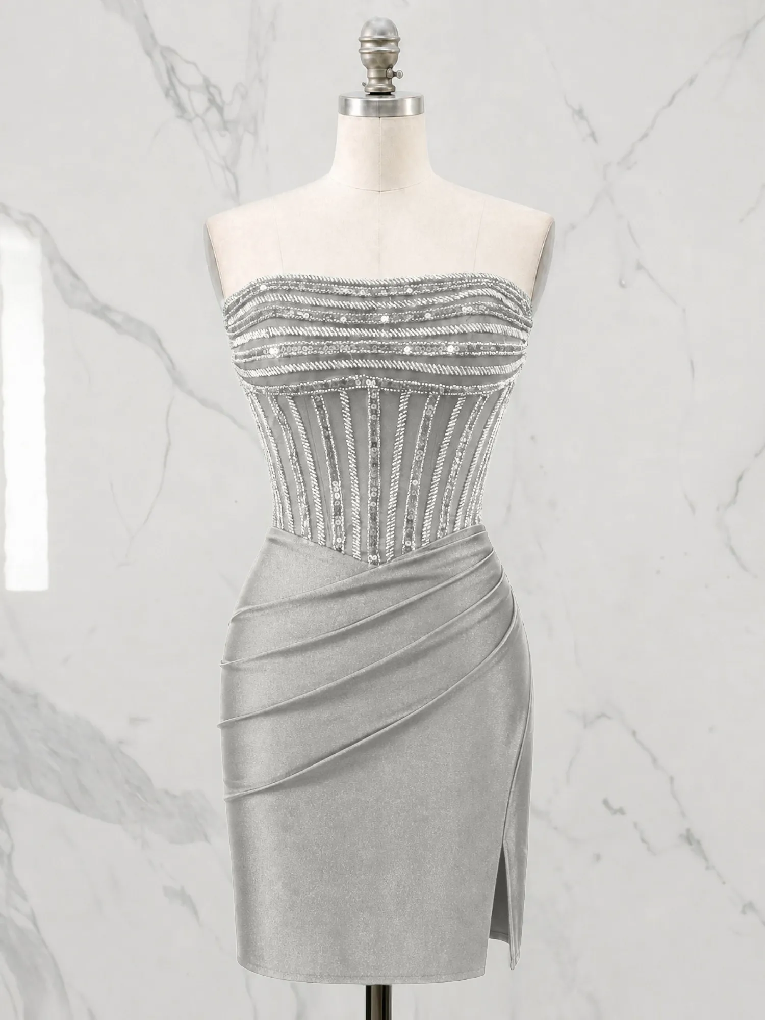 Strapless Beaded Corset Homecoming Dress with Ruched Skirt