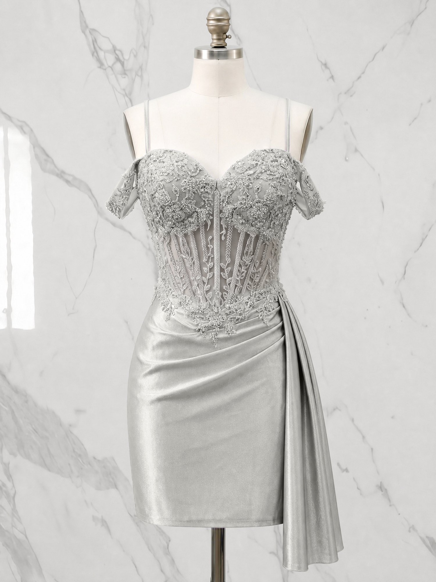 Off-the-Shoulder Lace Corset Homecoming Dress with Side Drape