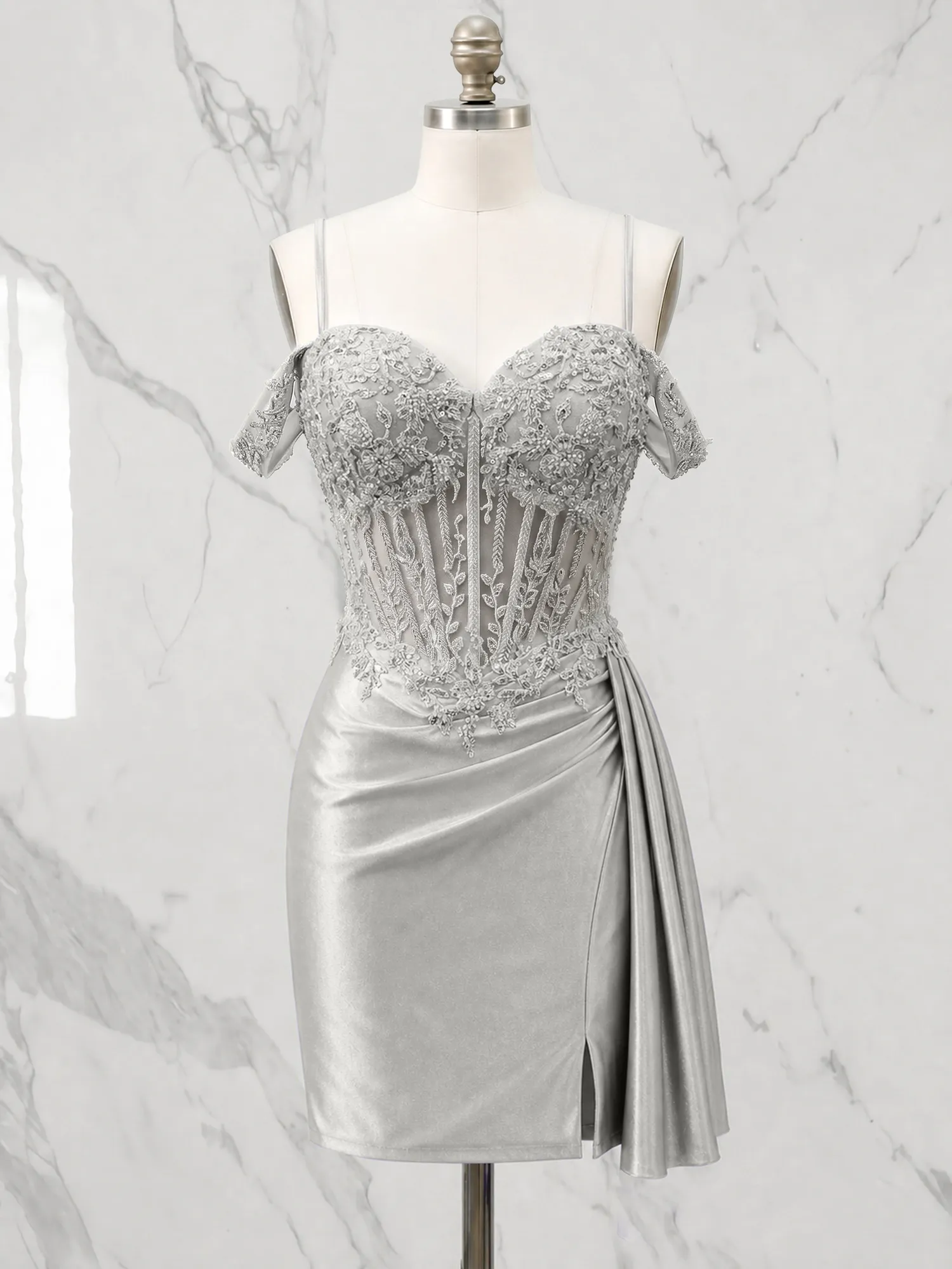 Off-the-Shoulder Lace Corset Homecoming Dress with Draped Skirt