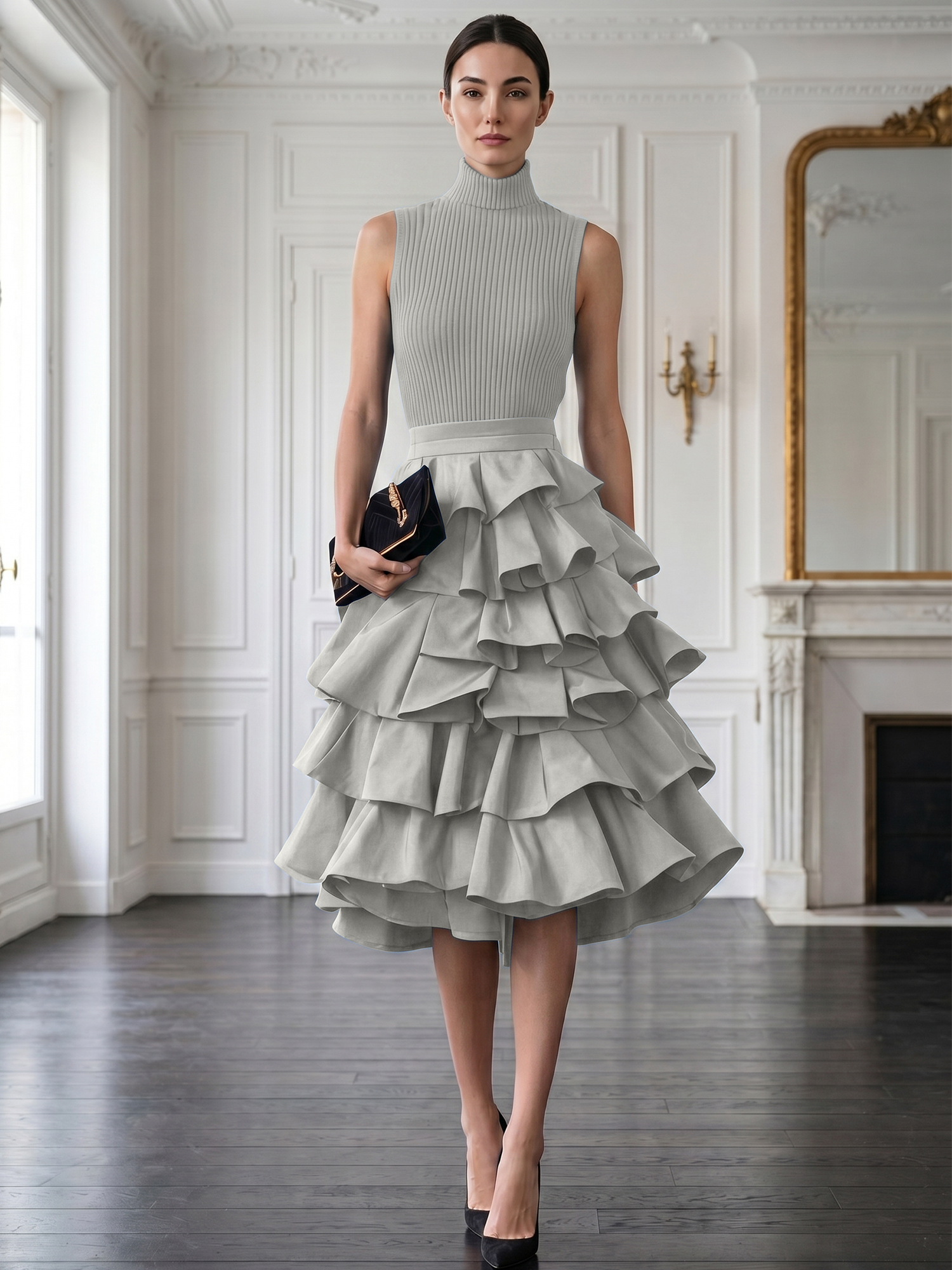 Avant-Garde Black High-Neck Tiered Ruffled Evening Gown