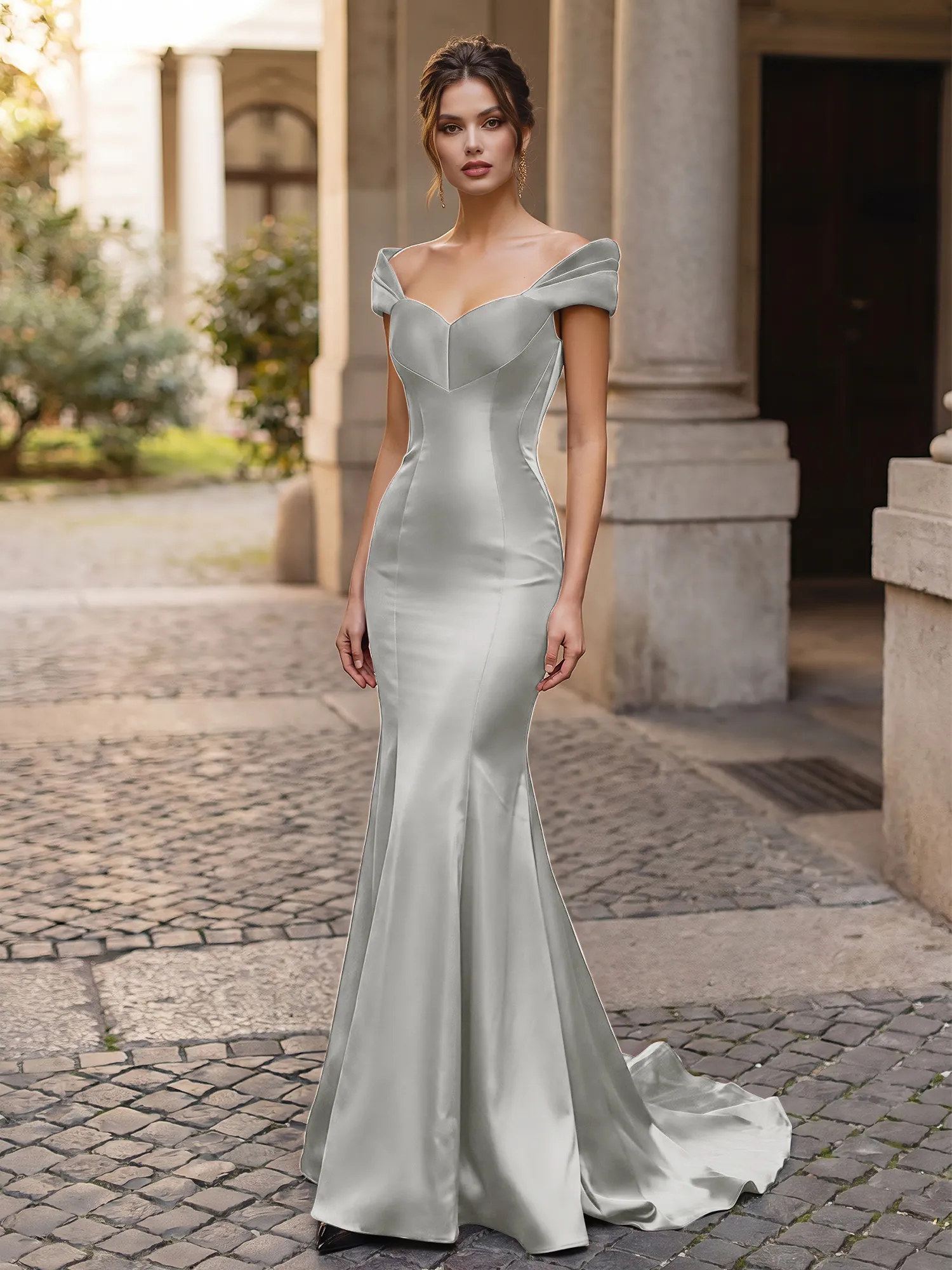 Off-the-Shoulder Sweetheart Lace-Up Back Satin Mermaid Prom Dress