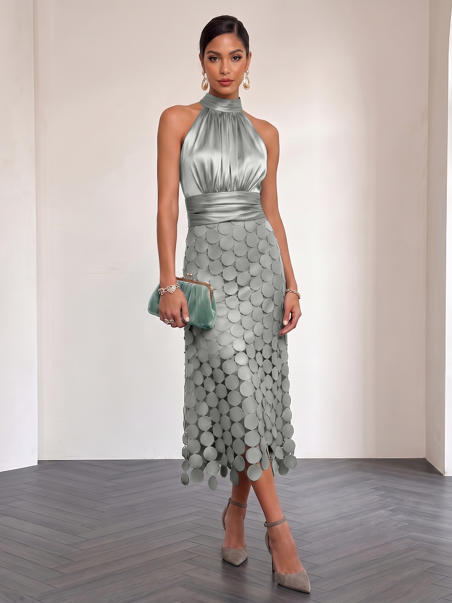 Ice Blue Satin Halter Circle Motif Midi Formal Evening Gown