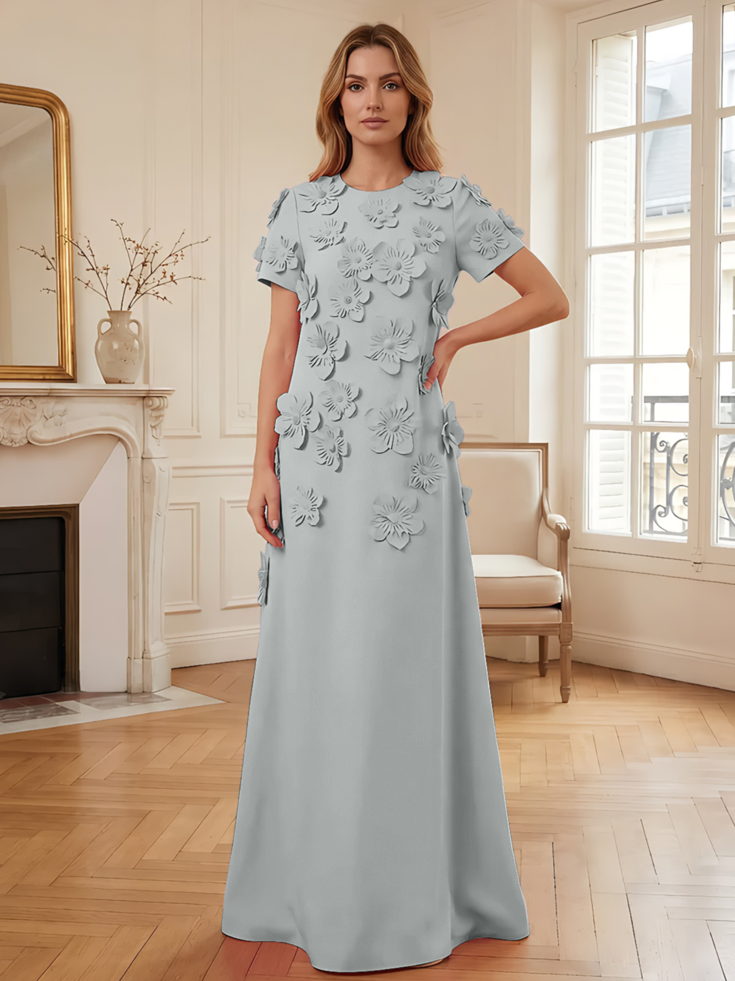 3D Floral Applique Short-Sleeve Column Evening Gown