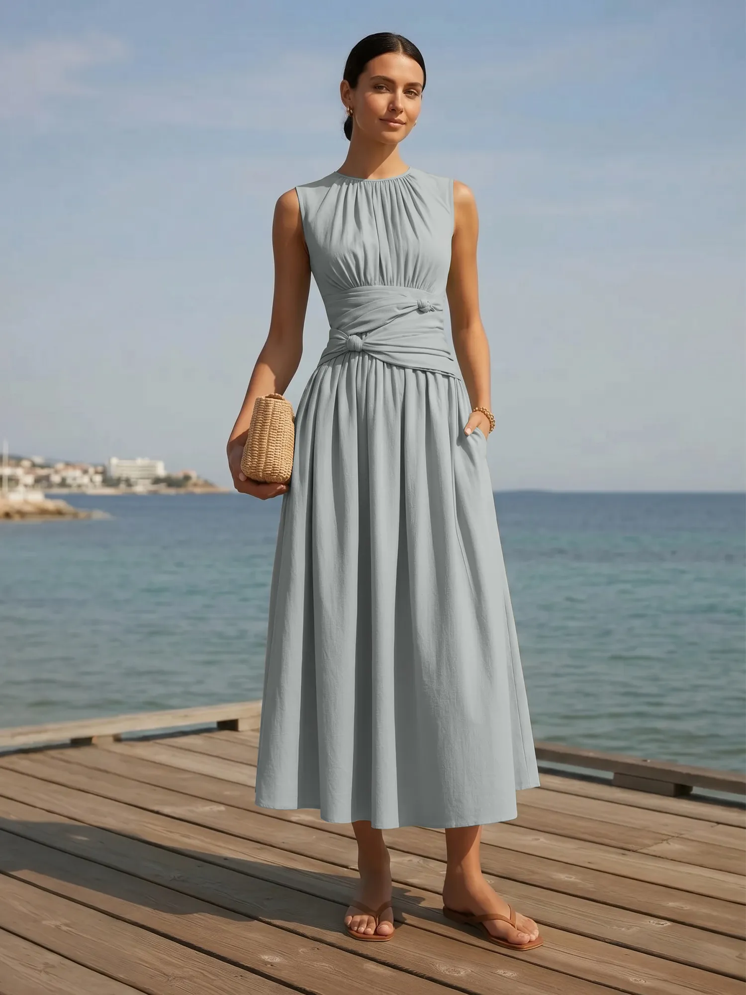 Sleeveless Round Neck Waist-Knot Midi Evening Dress