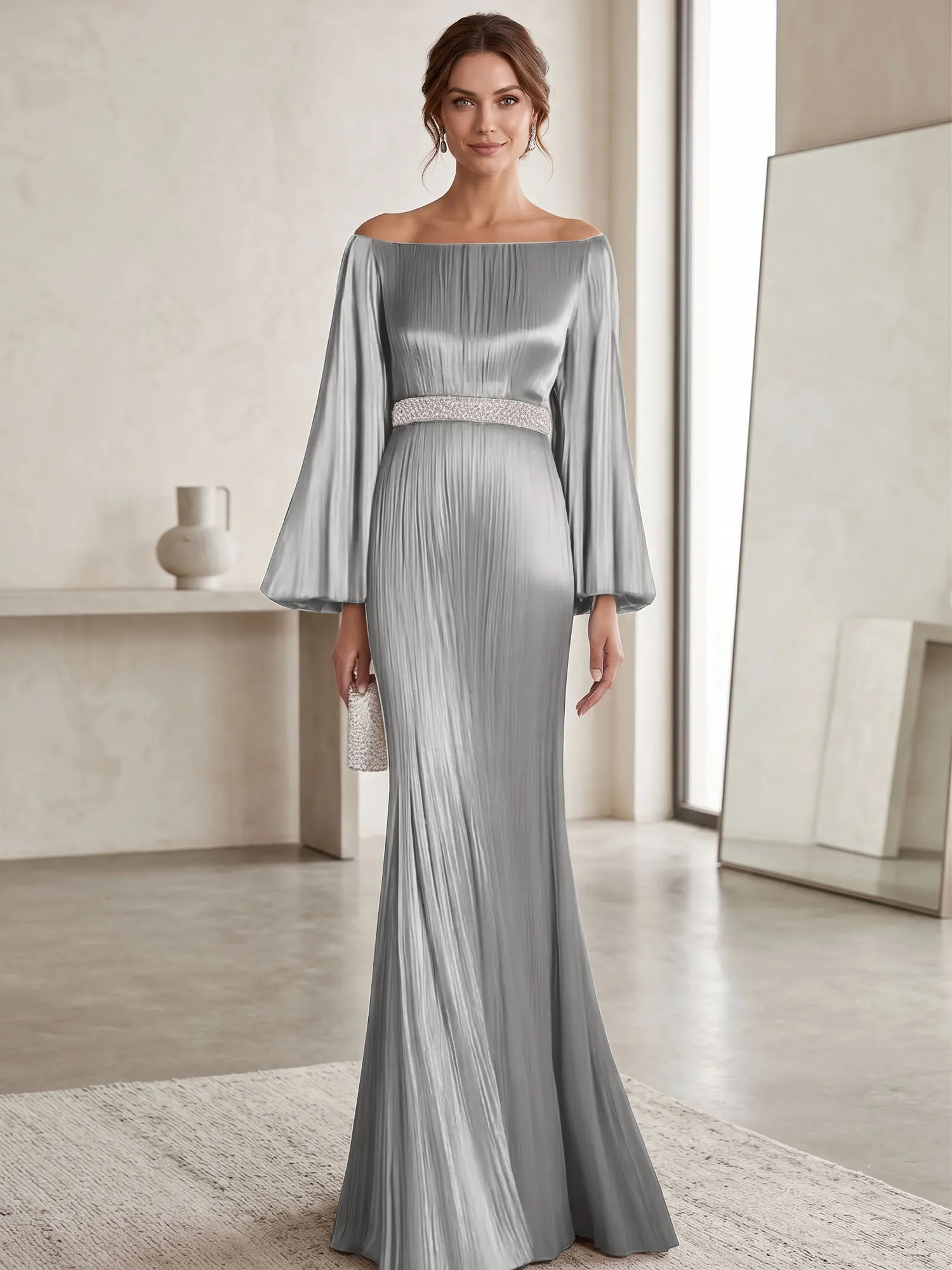 Off-the-Shoulder Pleated Satin Evening Gown with Beaded Waistband