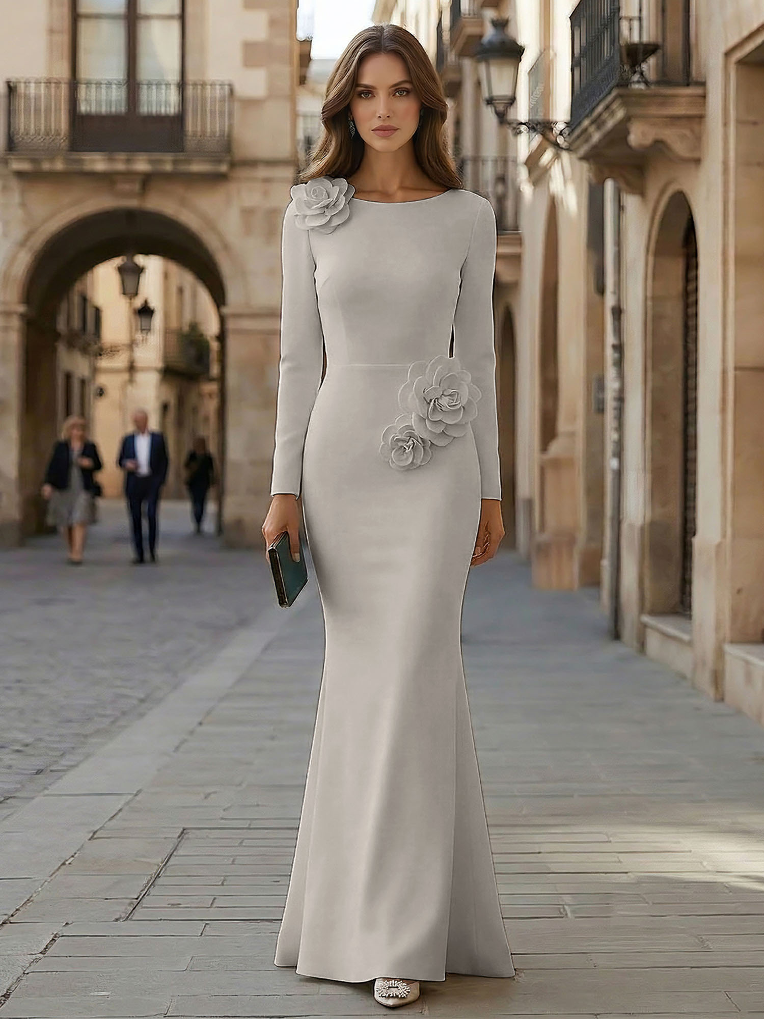 Elegant Pure White Formal Evening Dress Long-Sleeve 3D Floral Crepe Maxi Dress Gown