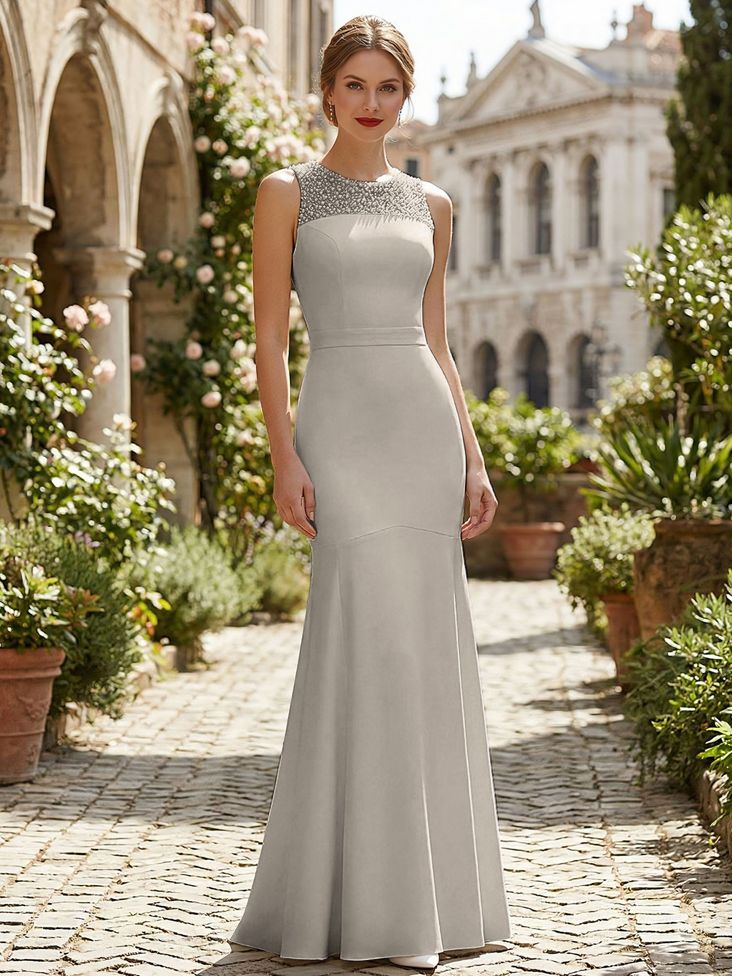 Pure White Sequin Neckline Sleeveless Mermaid Maxi Dress Gown