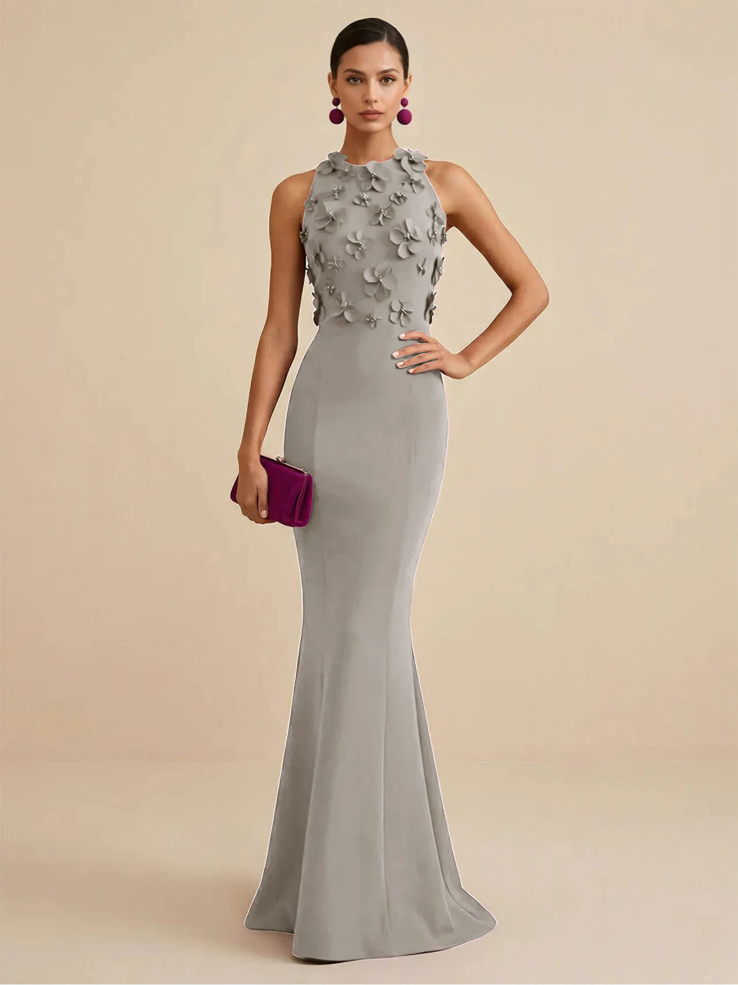Scoop Neck 3D Floral Appliqué Crepe Mermaid Evening Gown