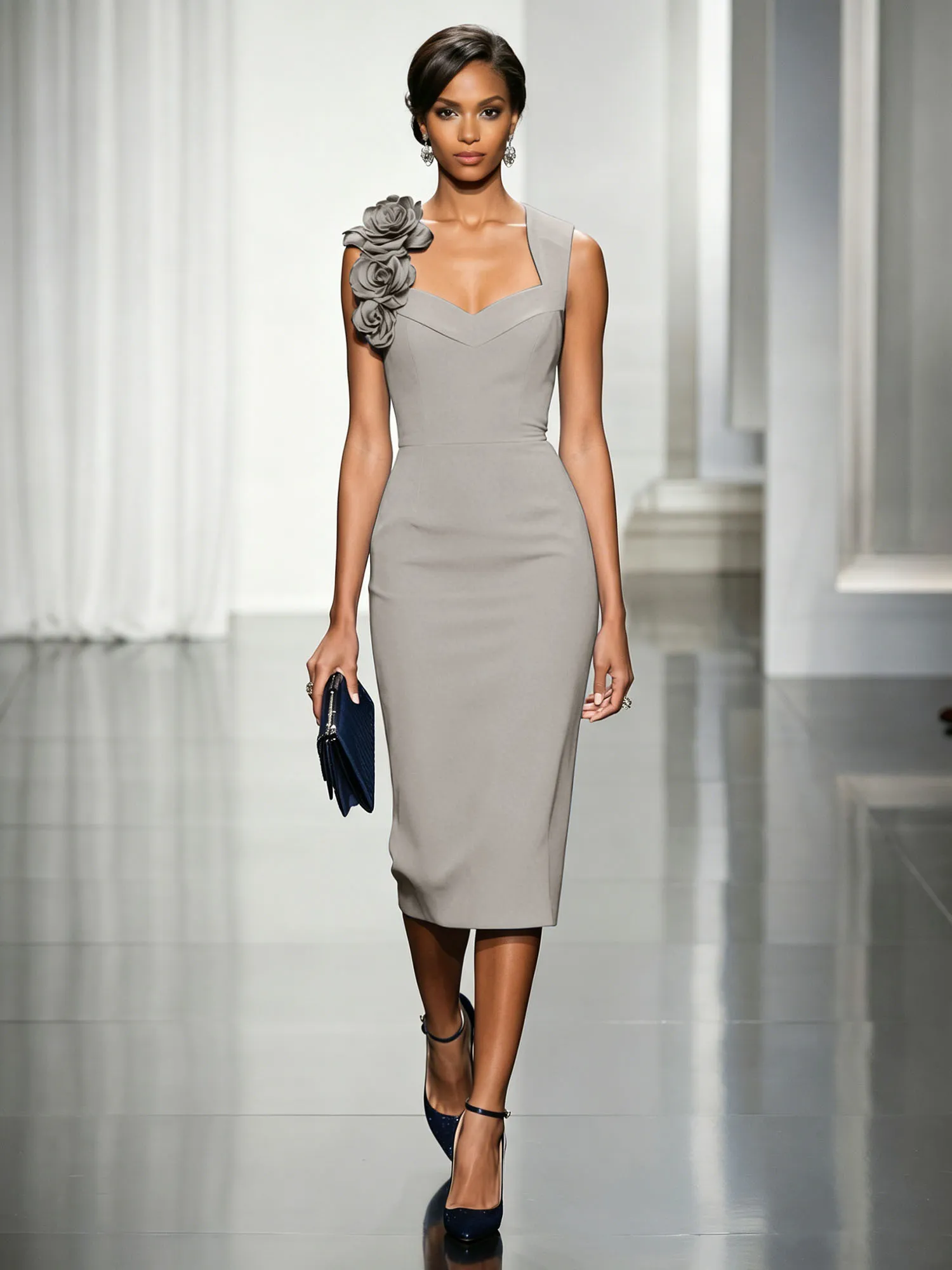 Asymmetric Neckline Crepe Midi Dress with 3D Floral Appliqué