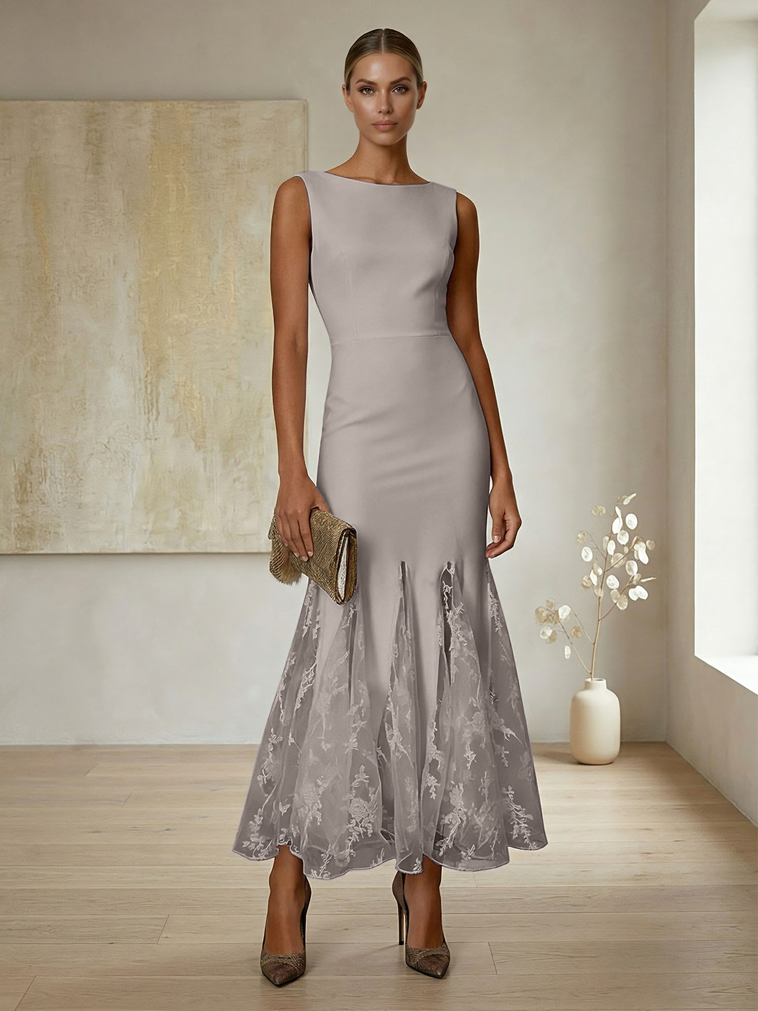 Elegant Formal Evening Gown Lilac Sleeveless Midi Dress with Embroidered Lace Godets