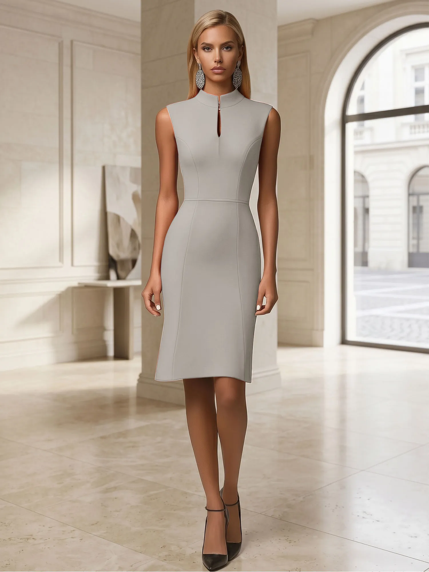 Stand Collar Keyhole Neck Crepe Sheath Evening Dress