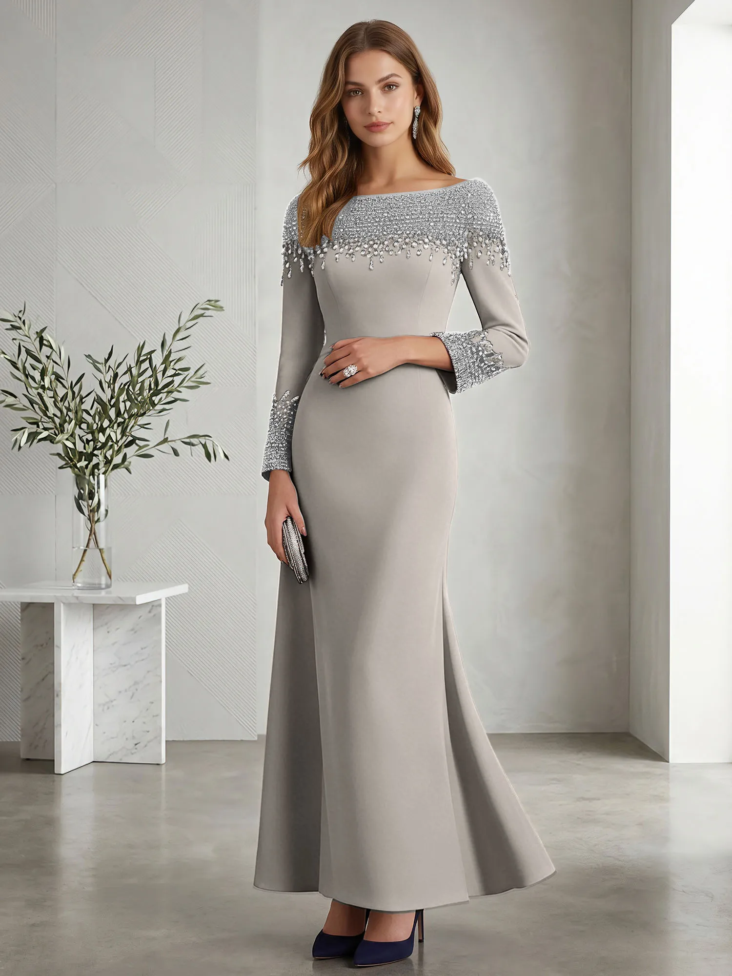 Beaded Off-the-Shoulder Long Sleeve Mermaid Evening Gown