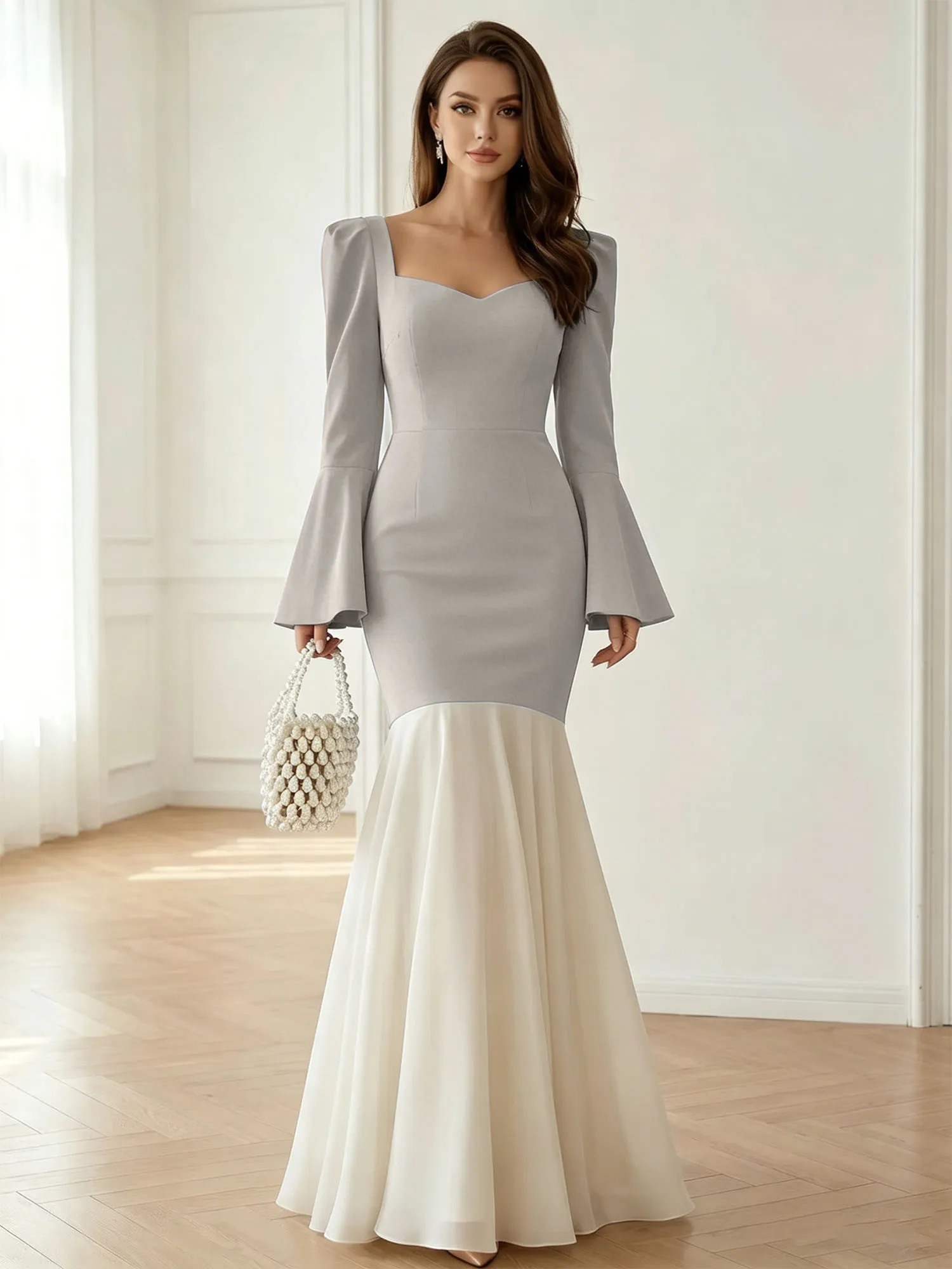 Sweetheart Neck Bell Sleeve Two-Tone Mermaid Evening Gown