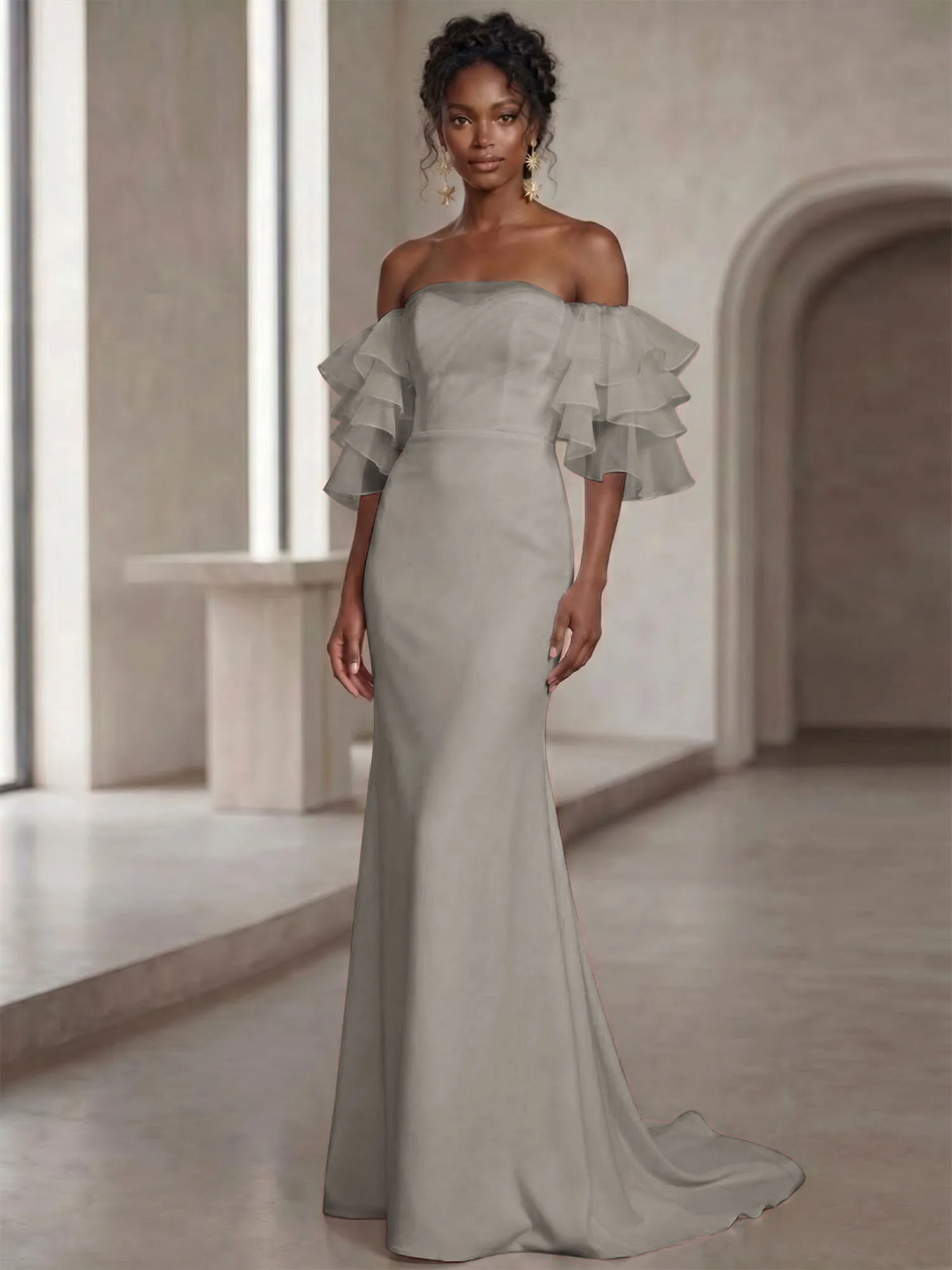 Off-the-Shoulder Tiered Organza Sleeve Mermaid Evening Gown