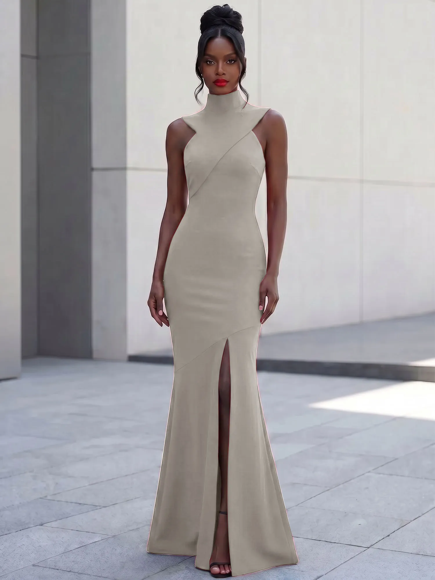 High Neck Asymmetric Cutout Mermaid Evening Gown