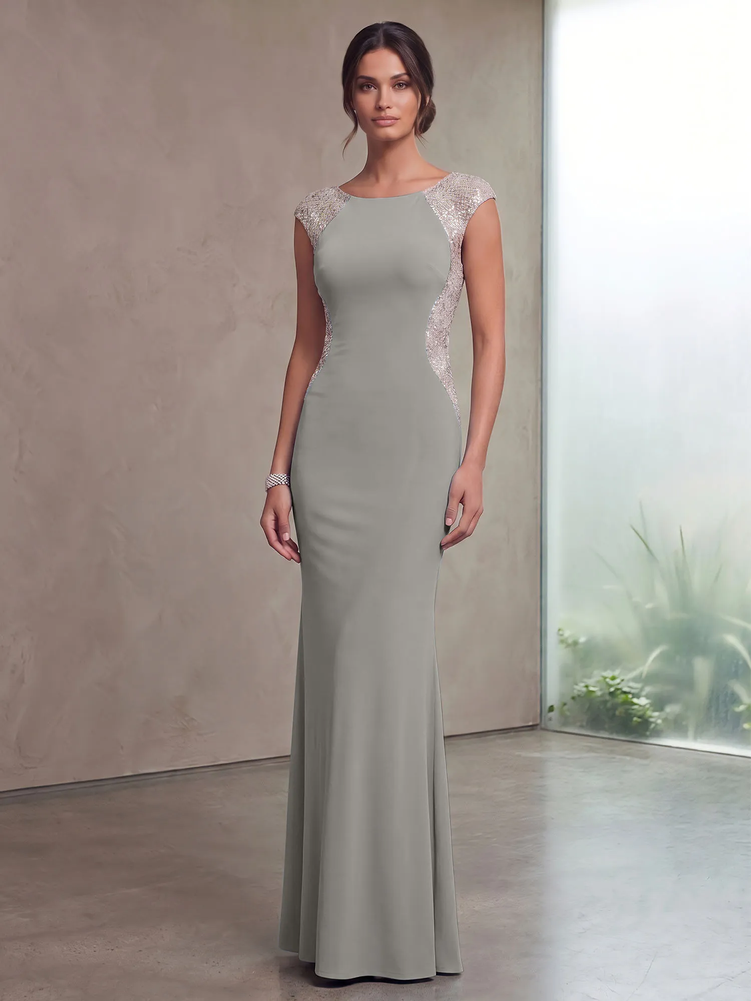 Bateau Neck Sequins Cap Sleeve Mermaid Evening Gown