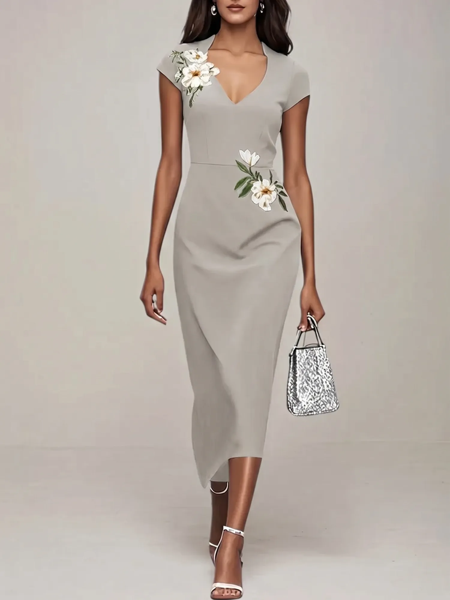 V-Neck Cap Sleeve Floral Embroidered Sheath Evening Dress