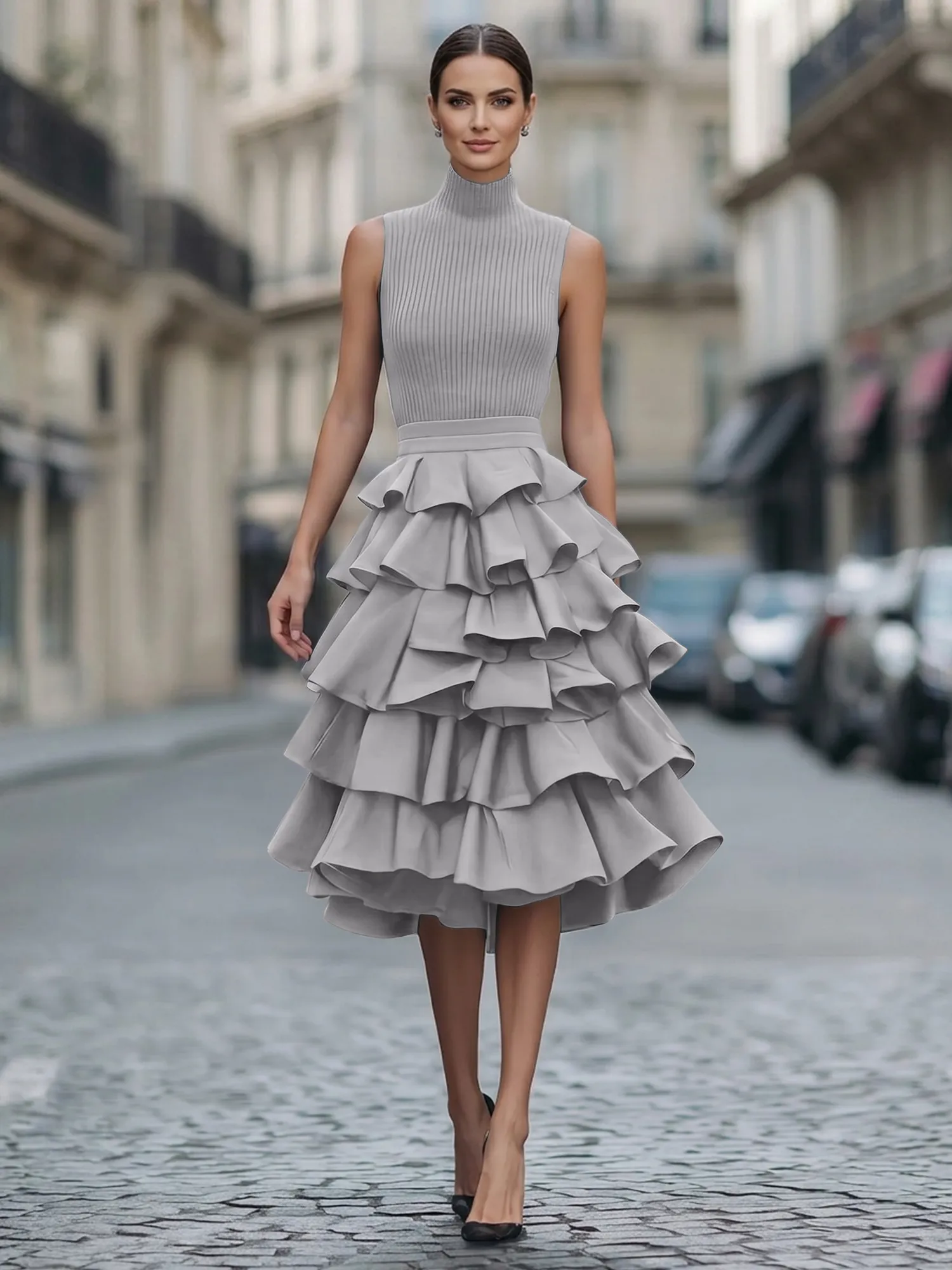 A Line High-Neck Pleated Tiered Evening Dress Maxi Dress