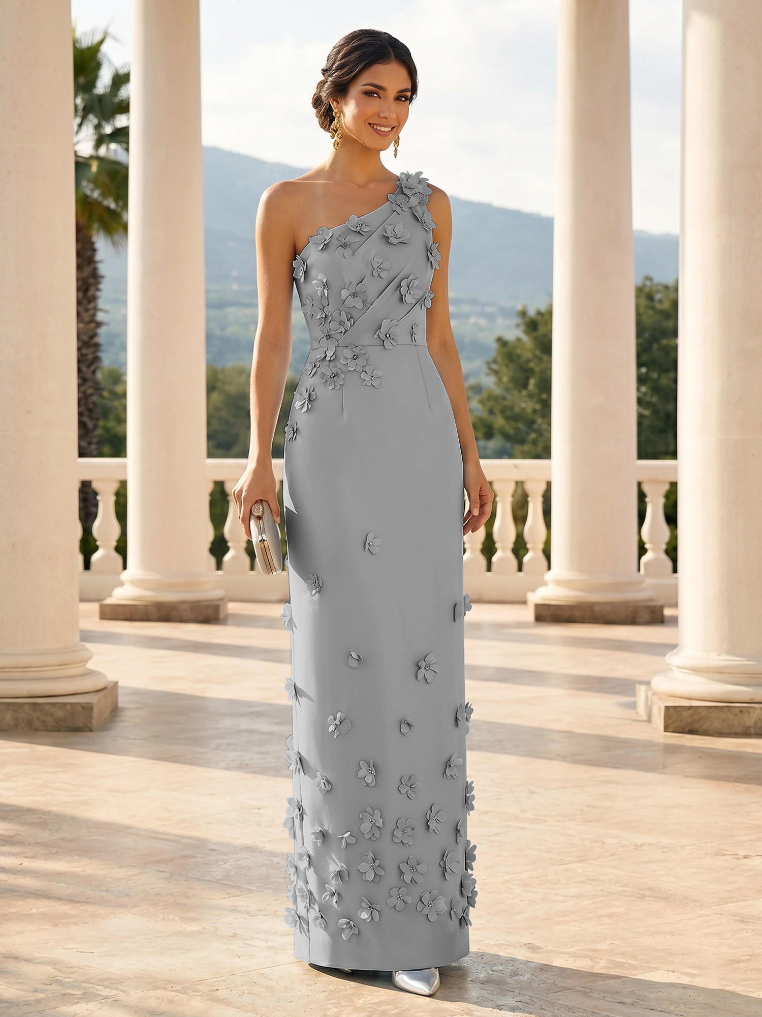 Enchanting Sky Blue One-Shoulder Evening Dress with 3D Floral Appliqués