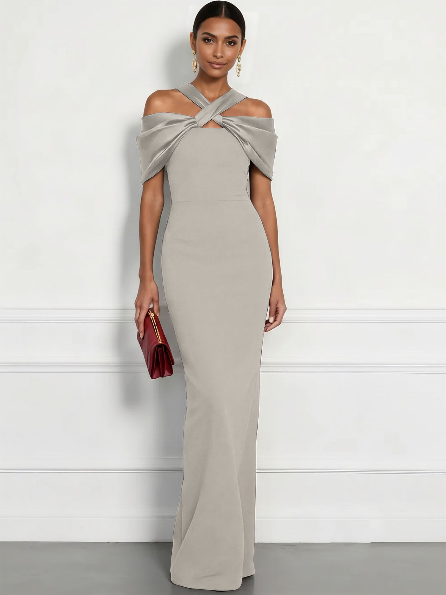  Regal Plum Crepe Column Gown with Satin Criss-Cross Halter Maxi Dress