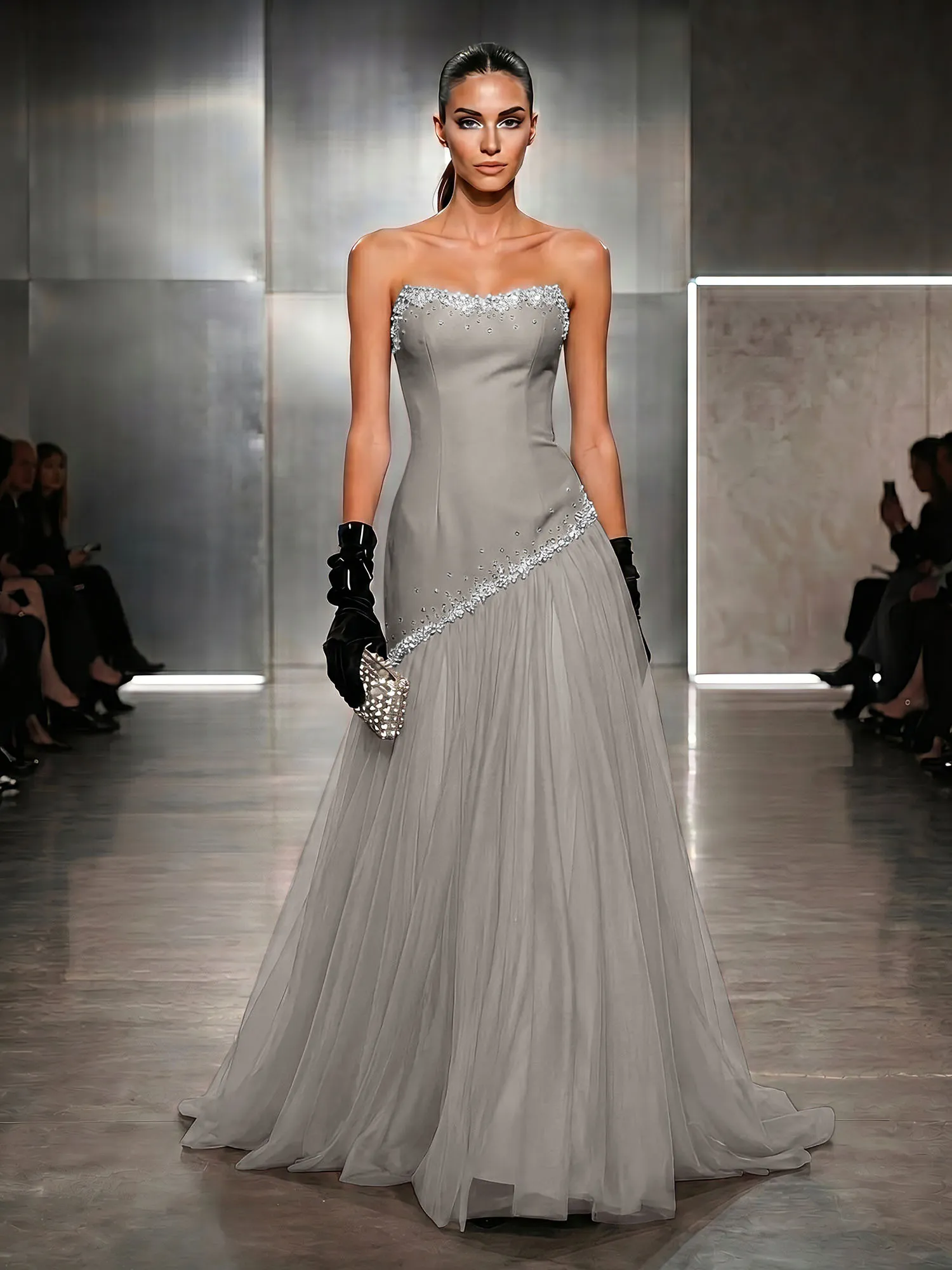 Strapless Tulle Beaded Corset Evening Gown Maxi Dress
