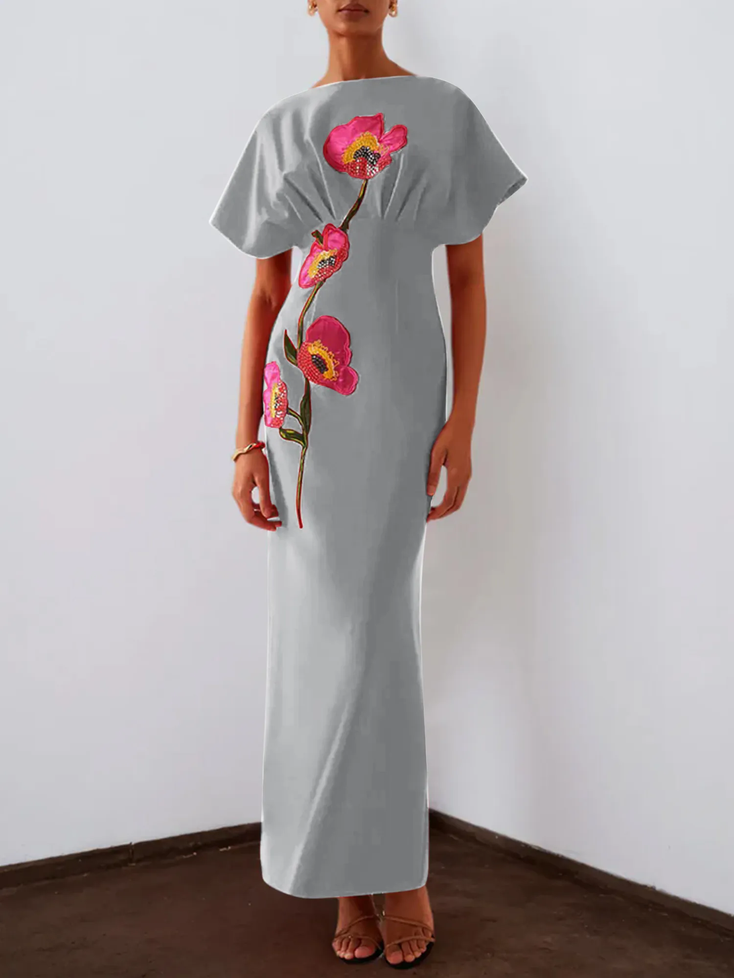 Floral Embroidered Boat Neck Batwing Sleeve Column Evening Gown