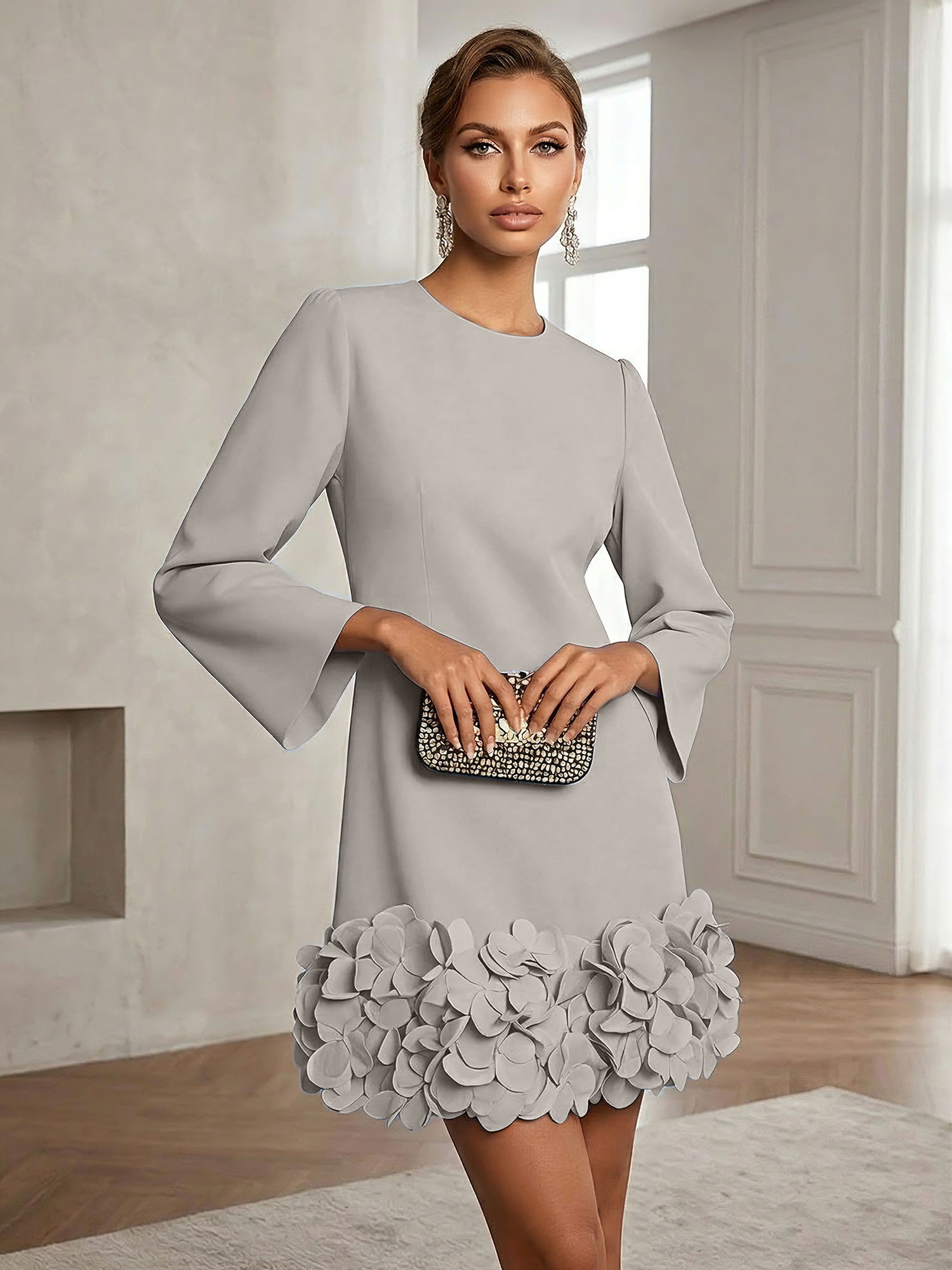 Powder Blue 3D Floral Classic Crew Neck Bell Long Sleeve Shift Mini Dress