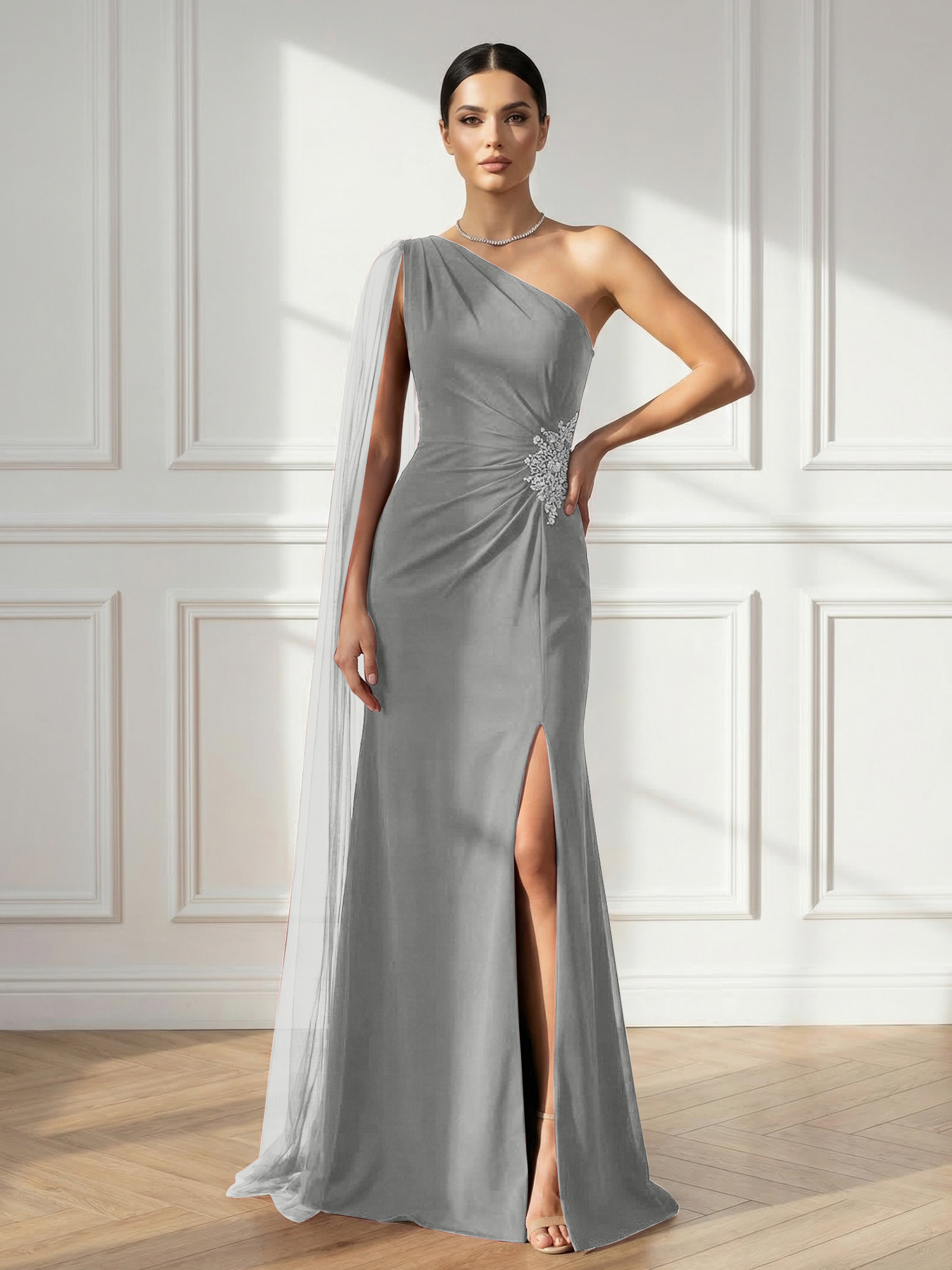 Formal Evening Dress Burgundy One Shoulder Slit Maxi Dress Gown