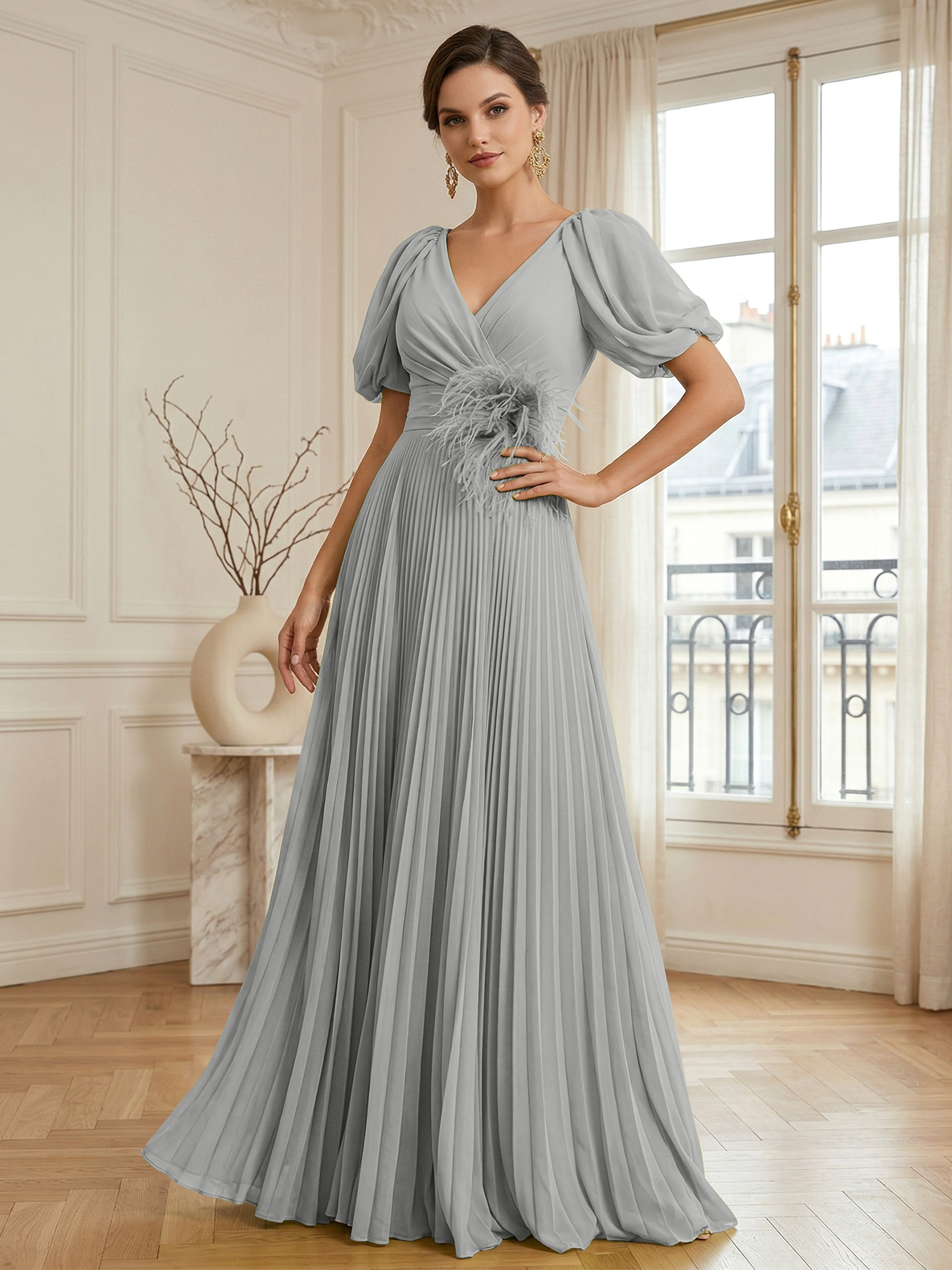 A-Line Chiffon Evening Gown with Feather V-Neck Short Sleeves Formal Dress