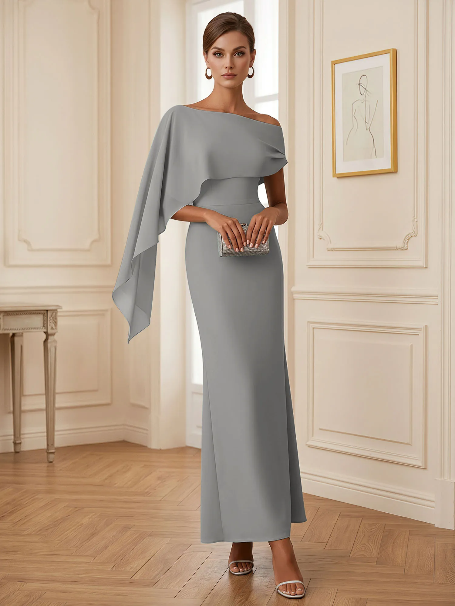 One-Shoulder Chiffon Overlay Mermaid Evening Gown