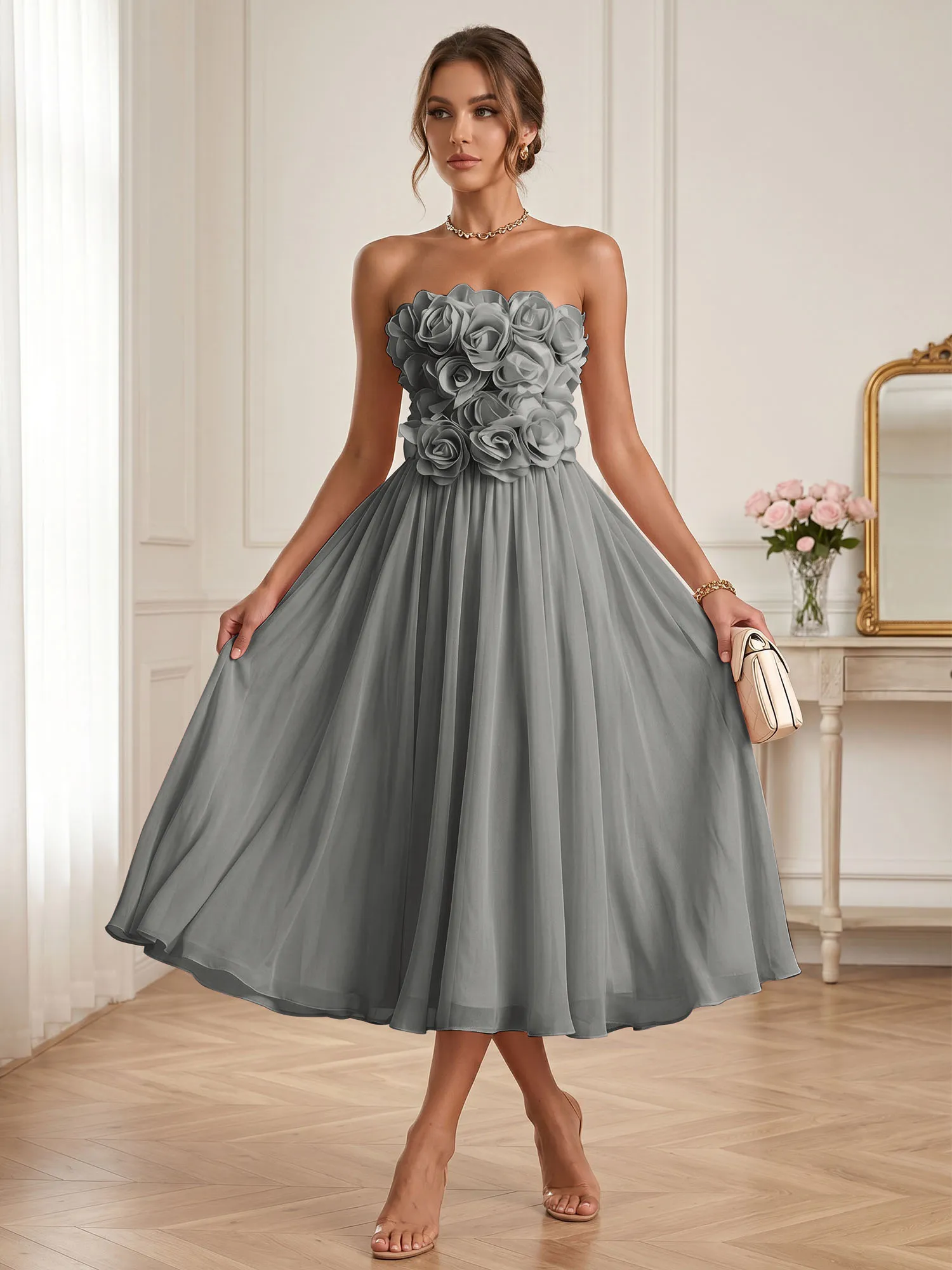 Strapless 3D Floral Chiffon A-Line Midi Formal Dress