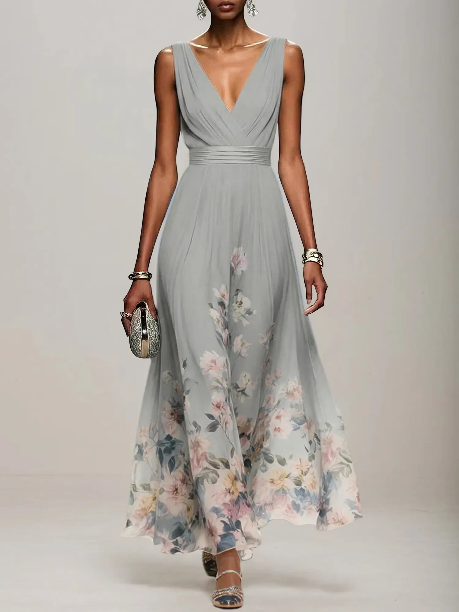 V-Neck Floral Print Chiffon Maxi Evening Dress with Satin Waist Bow
