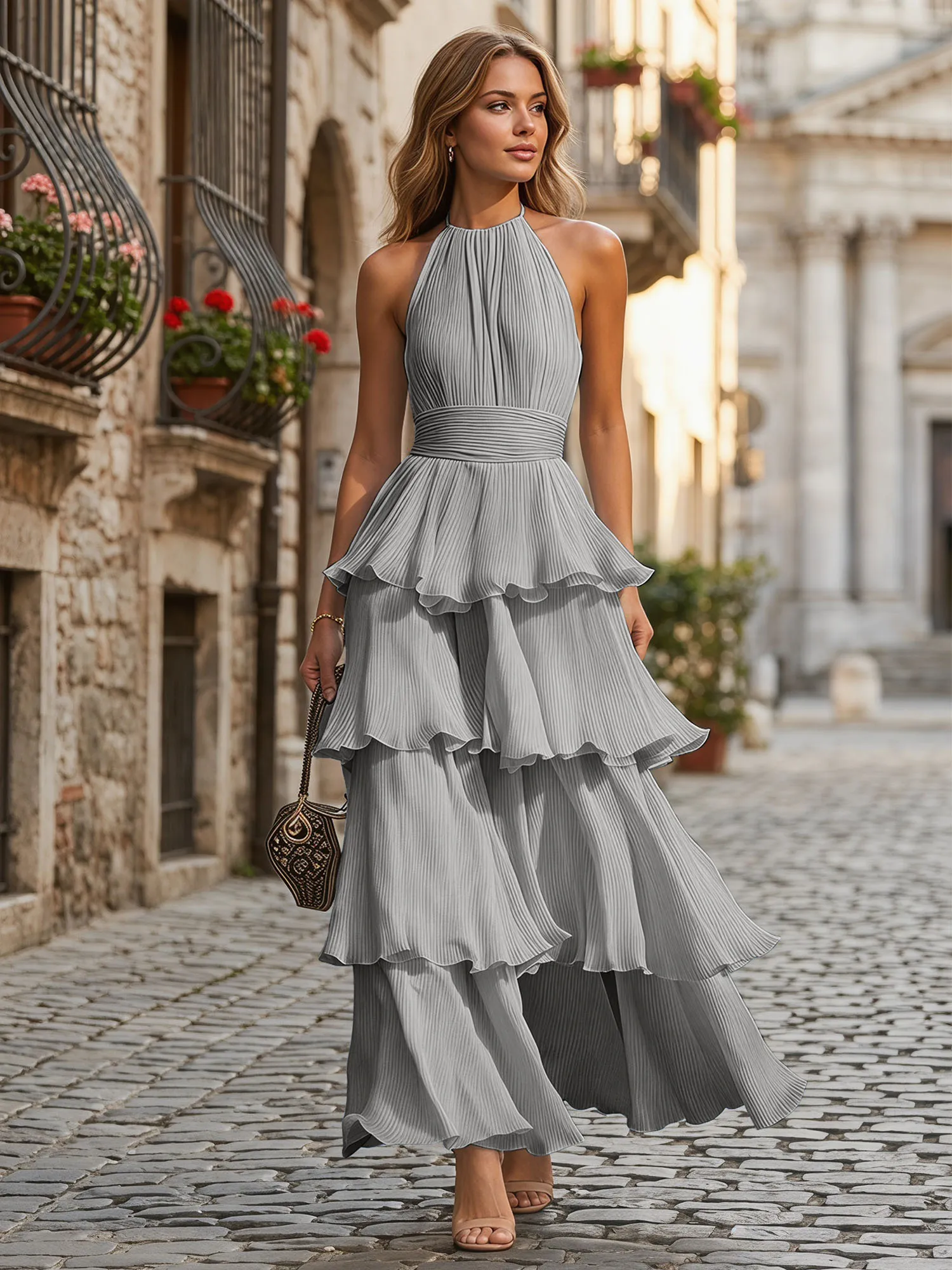 A Line Halter Neck Tiered Ruffle Chiffon Evening Dress