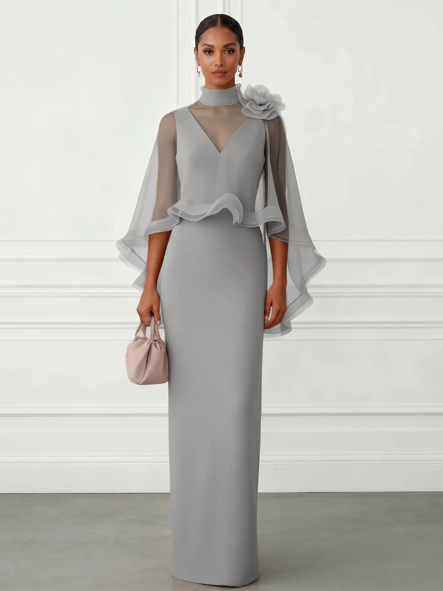 High-Neck Chiffon Cape Sleeve Sheath Evening Gown
