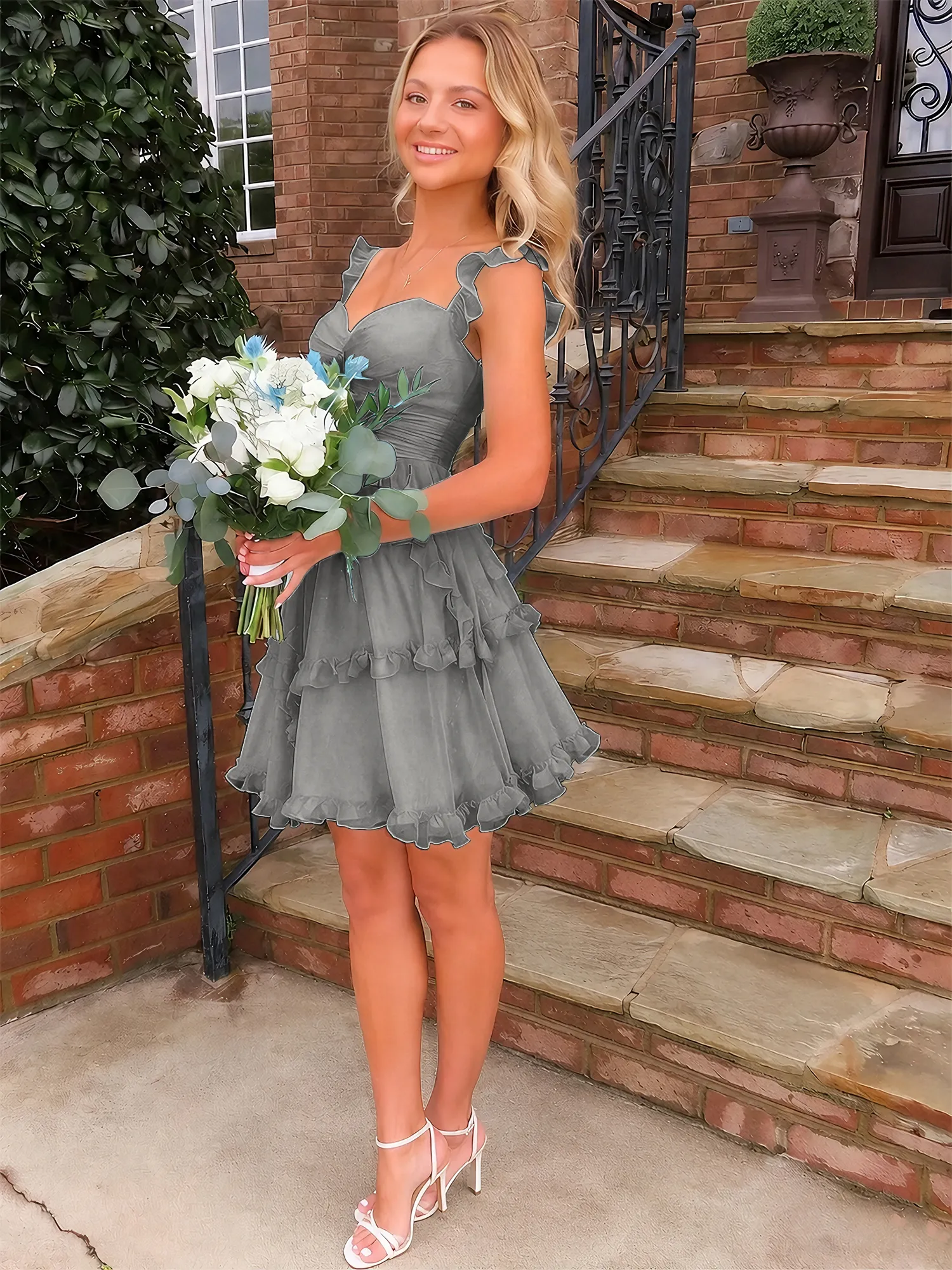 A Line Ruffled Tiered Chiffon Homecoming Dress with Lace-Up Back
