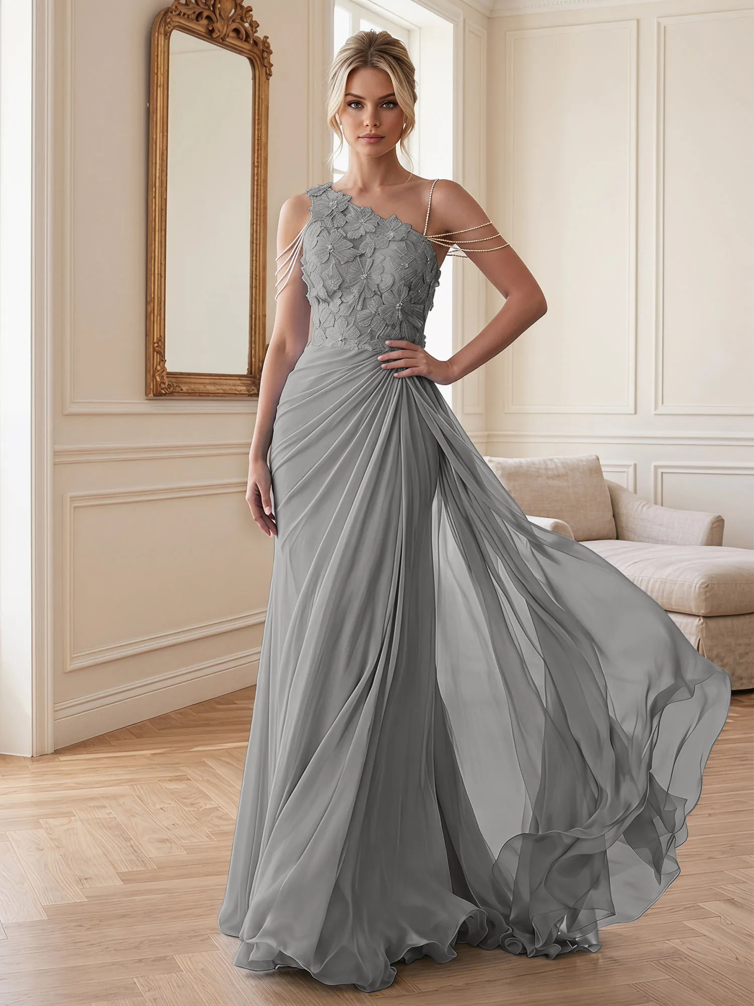 One-Shoulder Floral Lace Chiffon Evening Gown