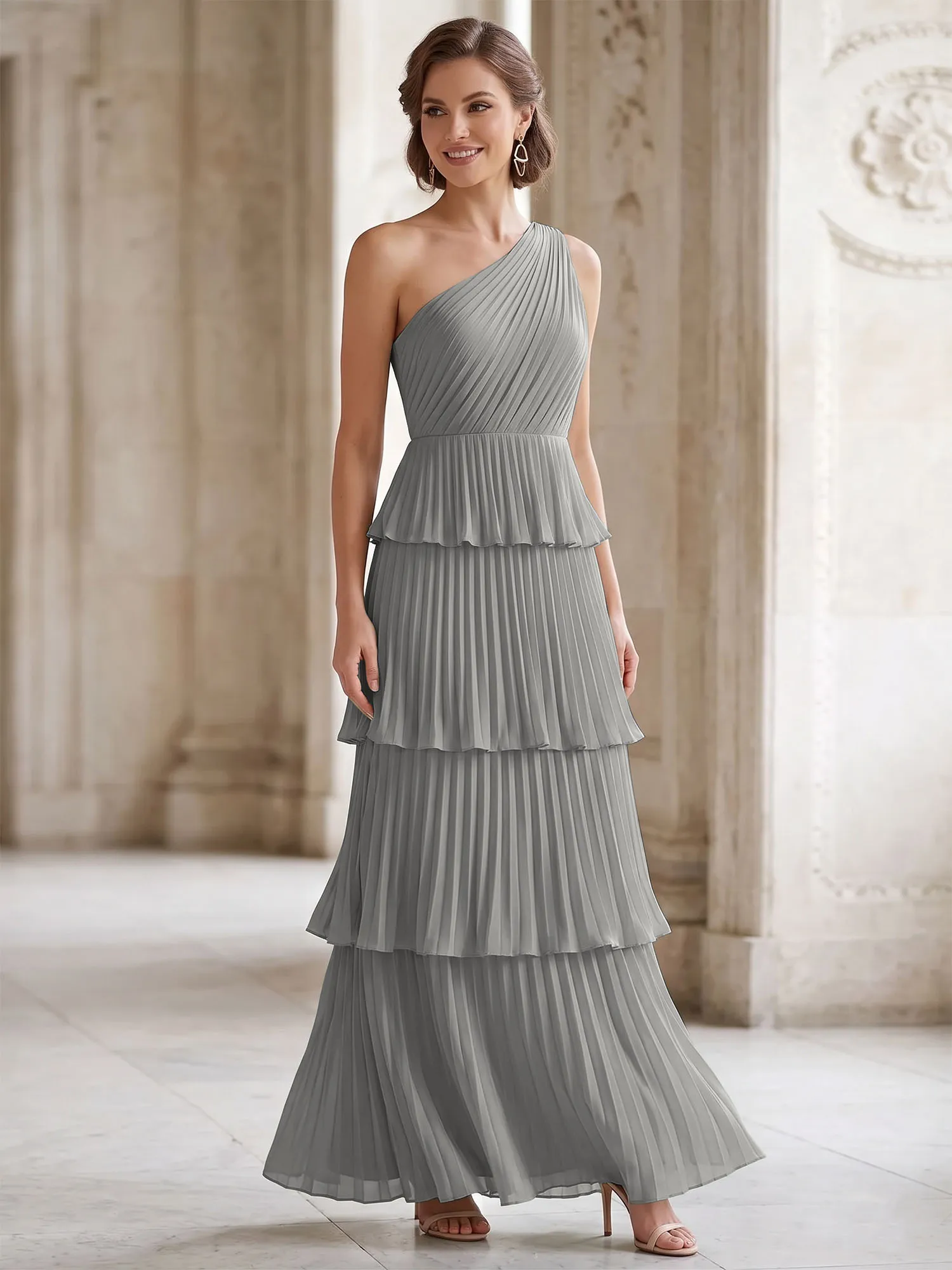 One-Shoulder Tiered Pleated Chiffon Evening Gown